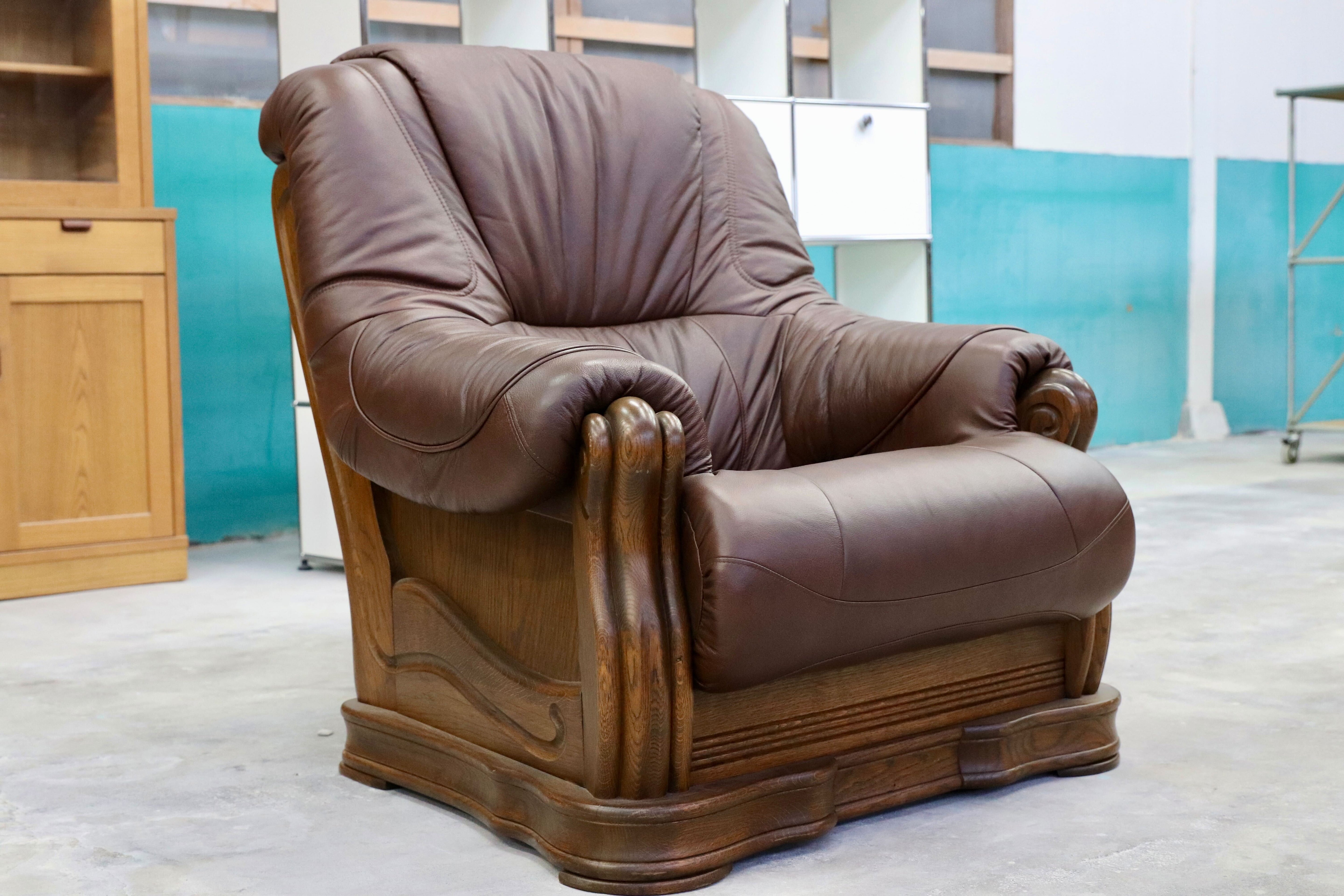 GMHK507B○オランダ製 ダッチカントリー 1人掛けソファ シングルソファ オーク材 本革 応接 リビング ブラウン ヴィンテージ 約35万