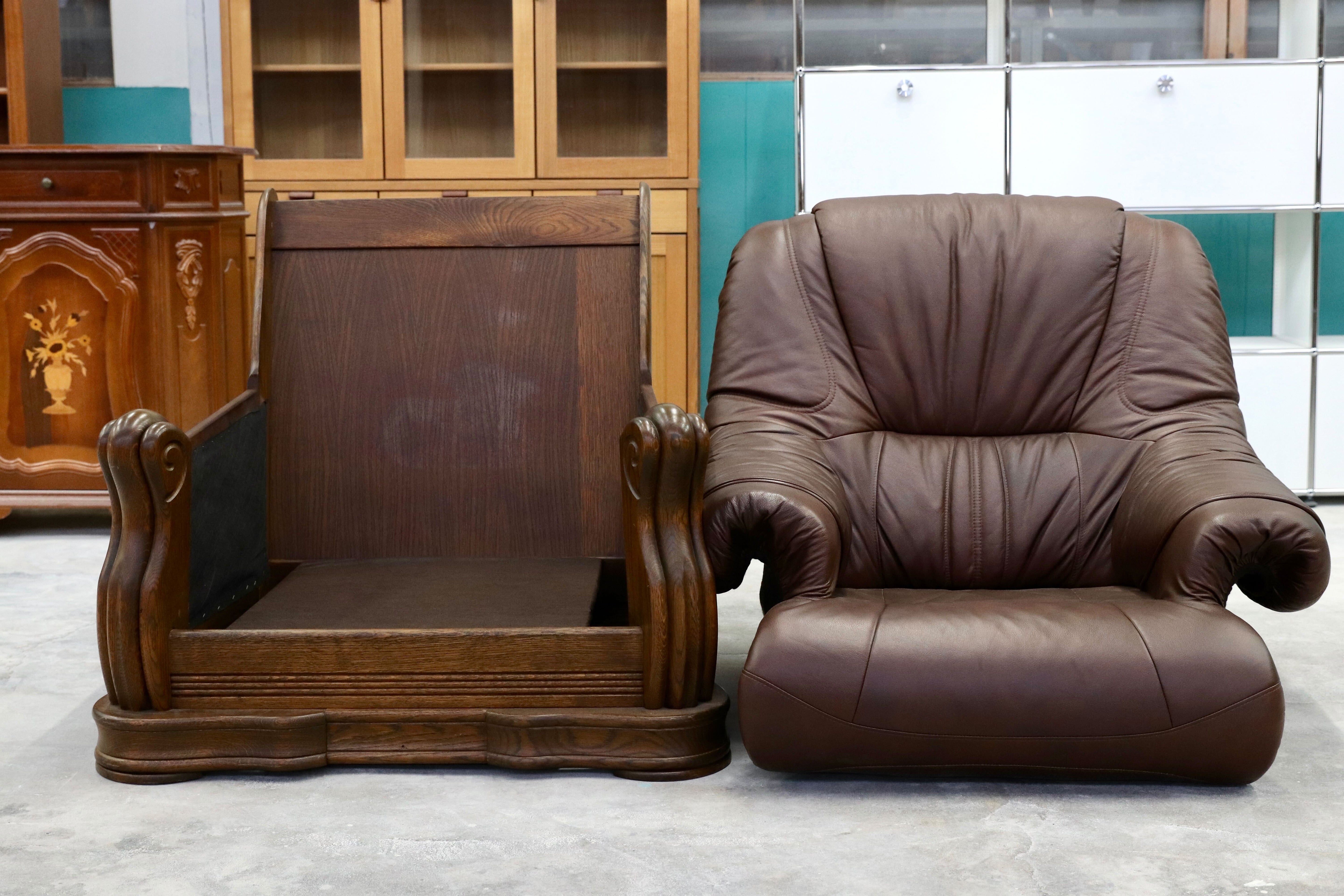 GMHK507B○オランダ製 ダッチカントリー 1人掛けソファ シングルソファ オーク材 本革 応接 リビング ブラウン ヴィンテージ 約35万