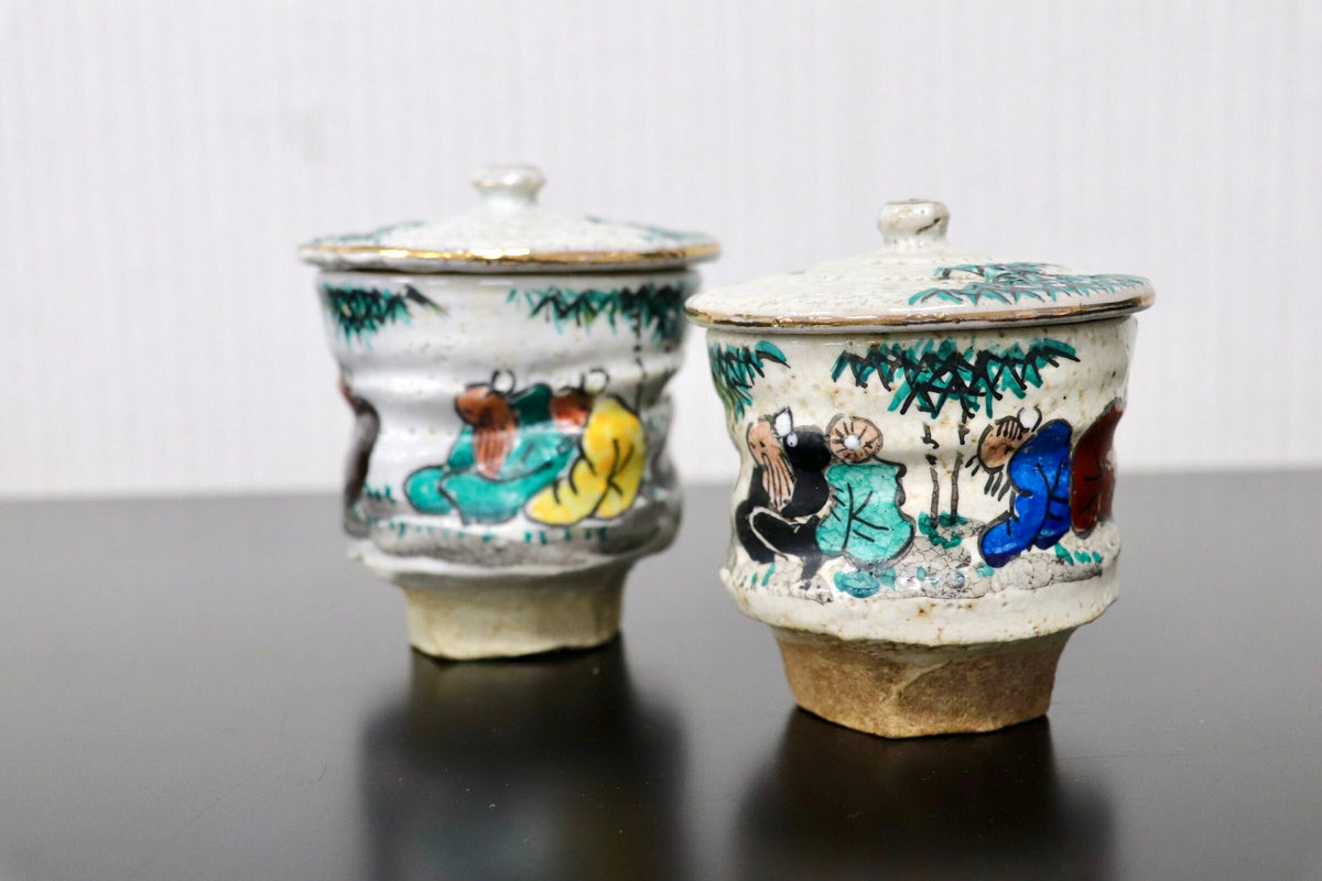 GMJH332AM◯竹林七賢図 色絵金彩 蓋付汲出茶碗 二客揃 夫婦湯呑 煎茶器 茶道具 古陶磁