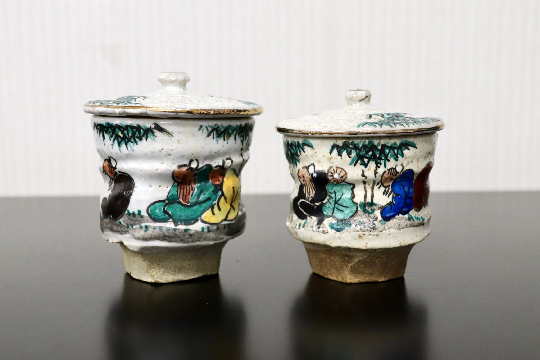 GMJH332AM◯竹林七賢図 色絵金彩 蓋付汲出茶碗 二客揃 夫婦