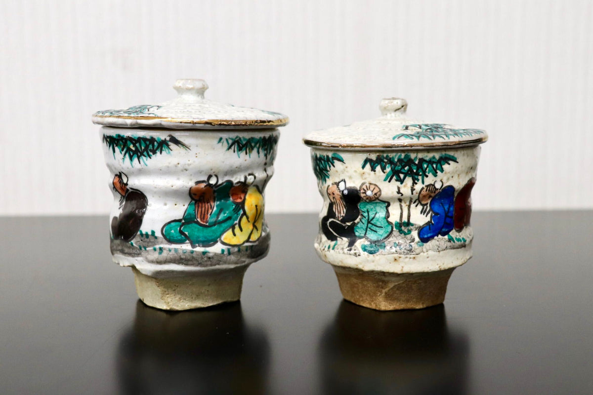 GMJH332AM◯竹林七賢図 色絵金彩 蓋付汲出茶碗 二客揃 夫婦湯呑 煎茶器 茶道具 古陶磁