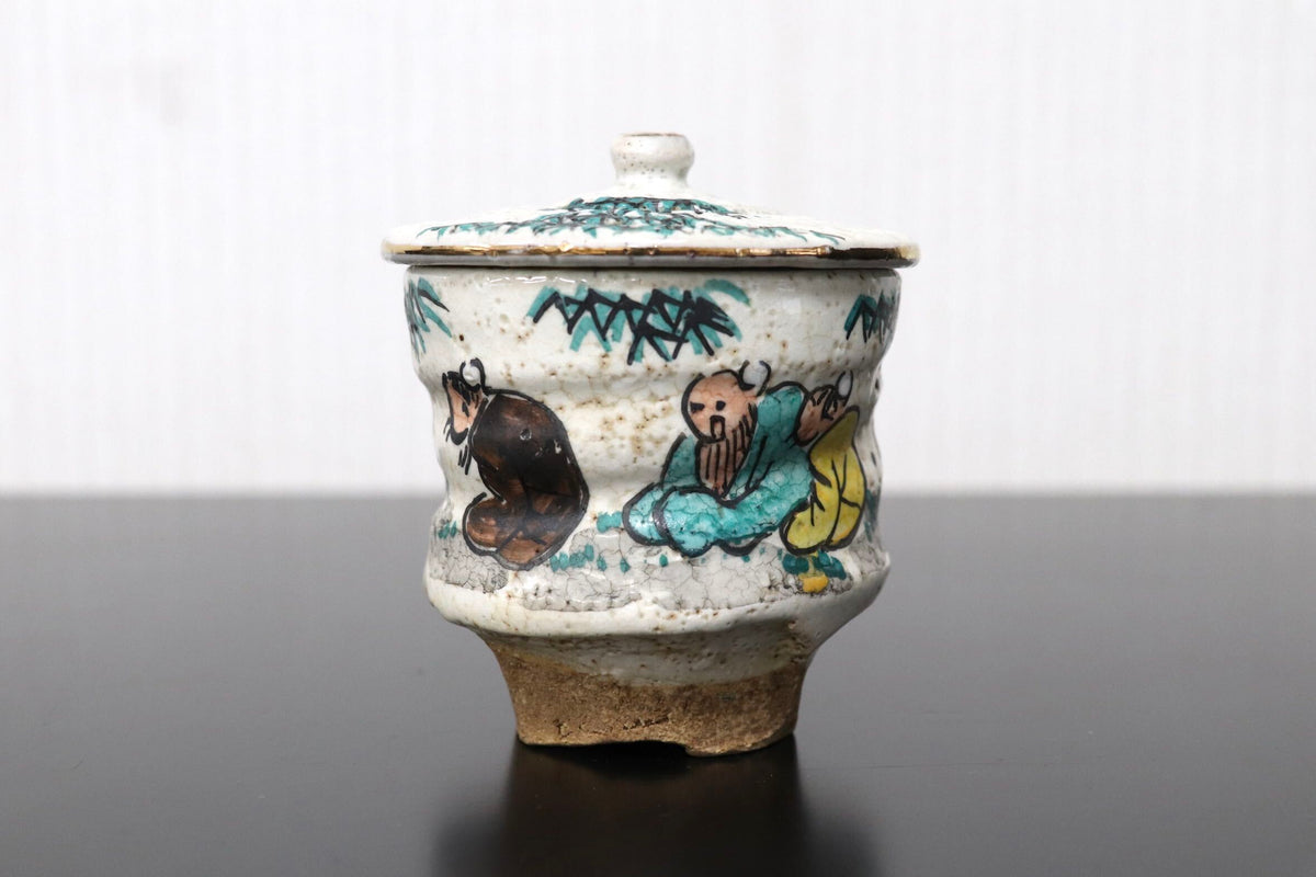 GMJH332AM◯竹林七賢図 色絵金彩 蓋付汲出茶碗 二客揃 夫婦湯呑 煎茶器 茶道具 古陶磁