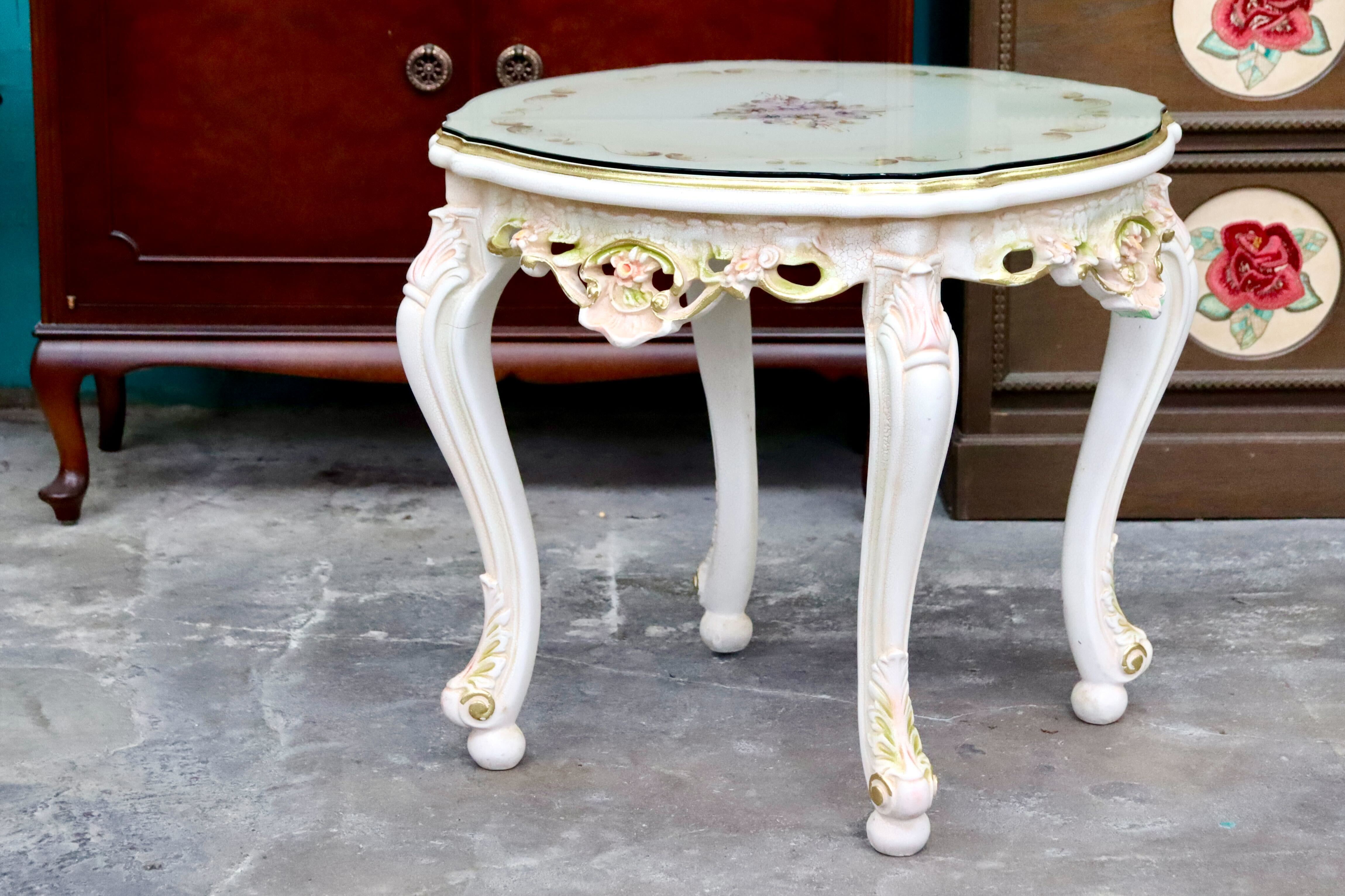 GMIS418F○サイドテーブル コーヒーテーブル 飾り台 花台 猫脚 ヨーロピアン ロココ調 アンティーク エレガント 花柄