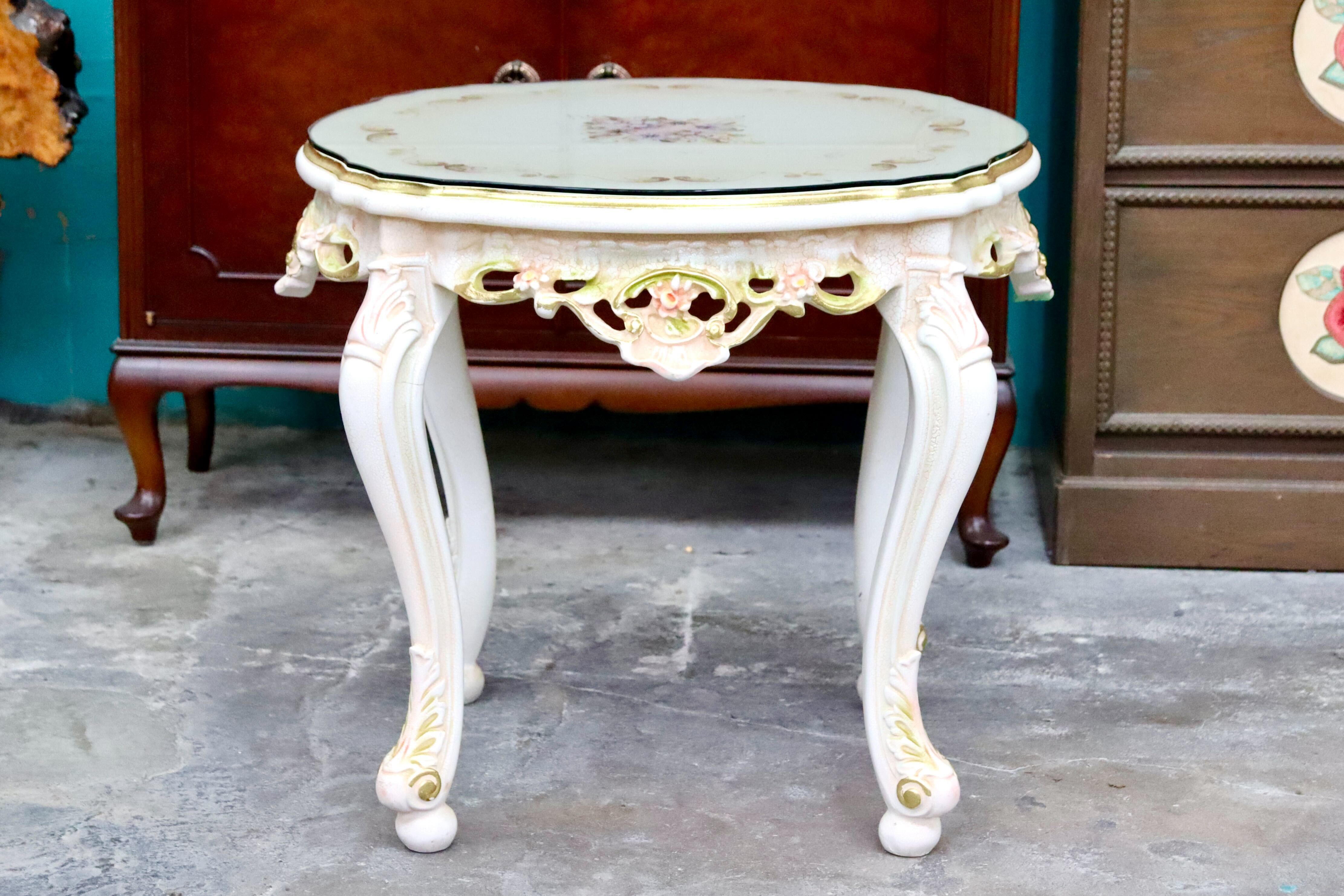 GMIS418F○サイドテーブル コーヒーテーブル 飾り台 花台 猫脚 ヨーロピアン ロココ調 アンティーク エレガント 花柄