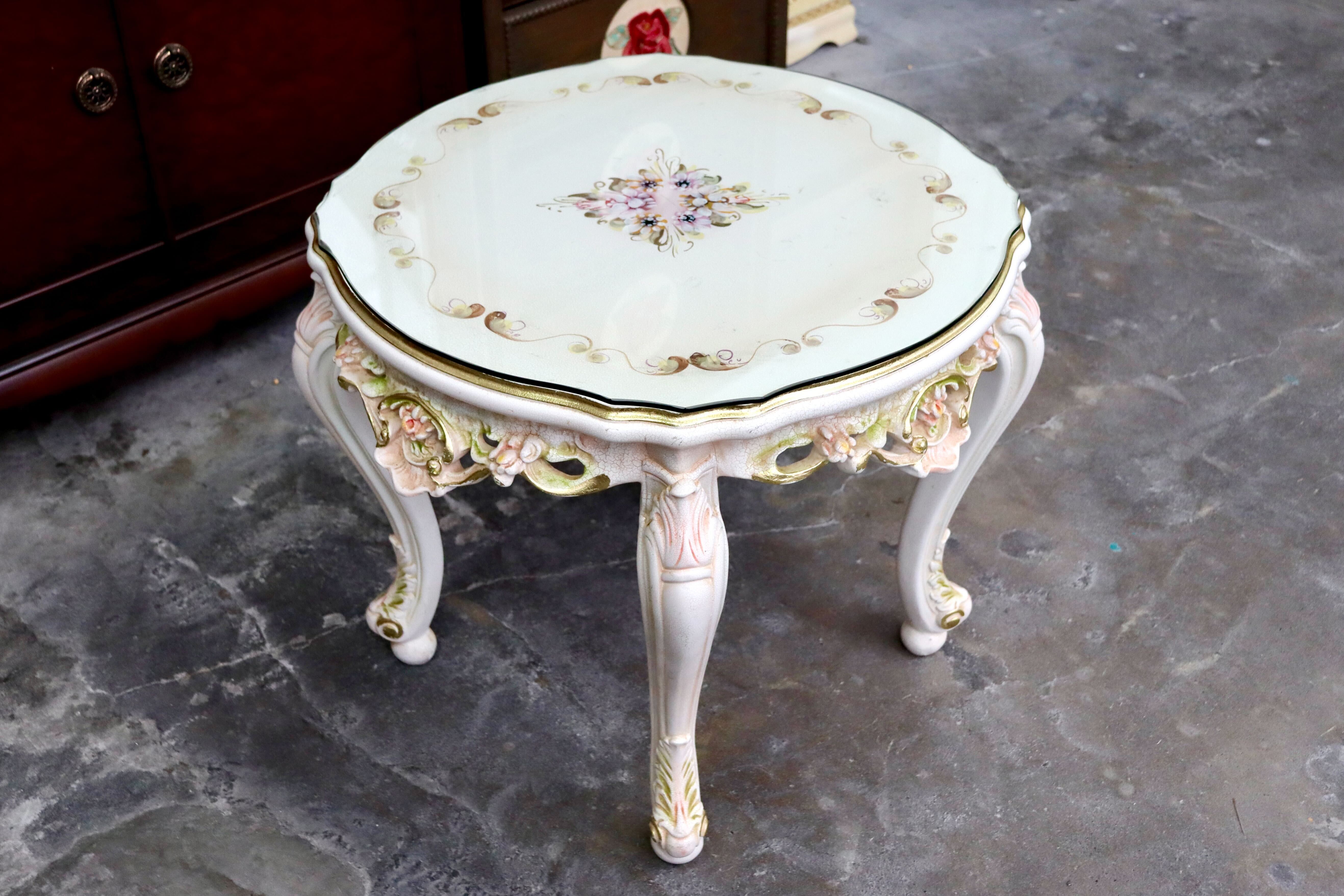 GMIS418F○サイドテーブル コーヒーテーブル 飾り台 花台 猫脚 ヨーロピアン ロココ調 アンティーク エレガント 花柄