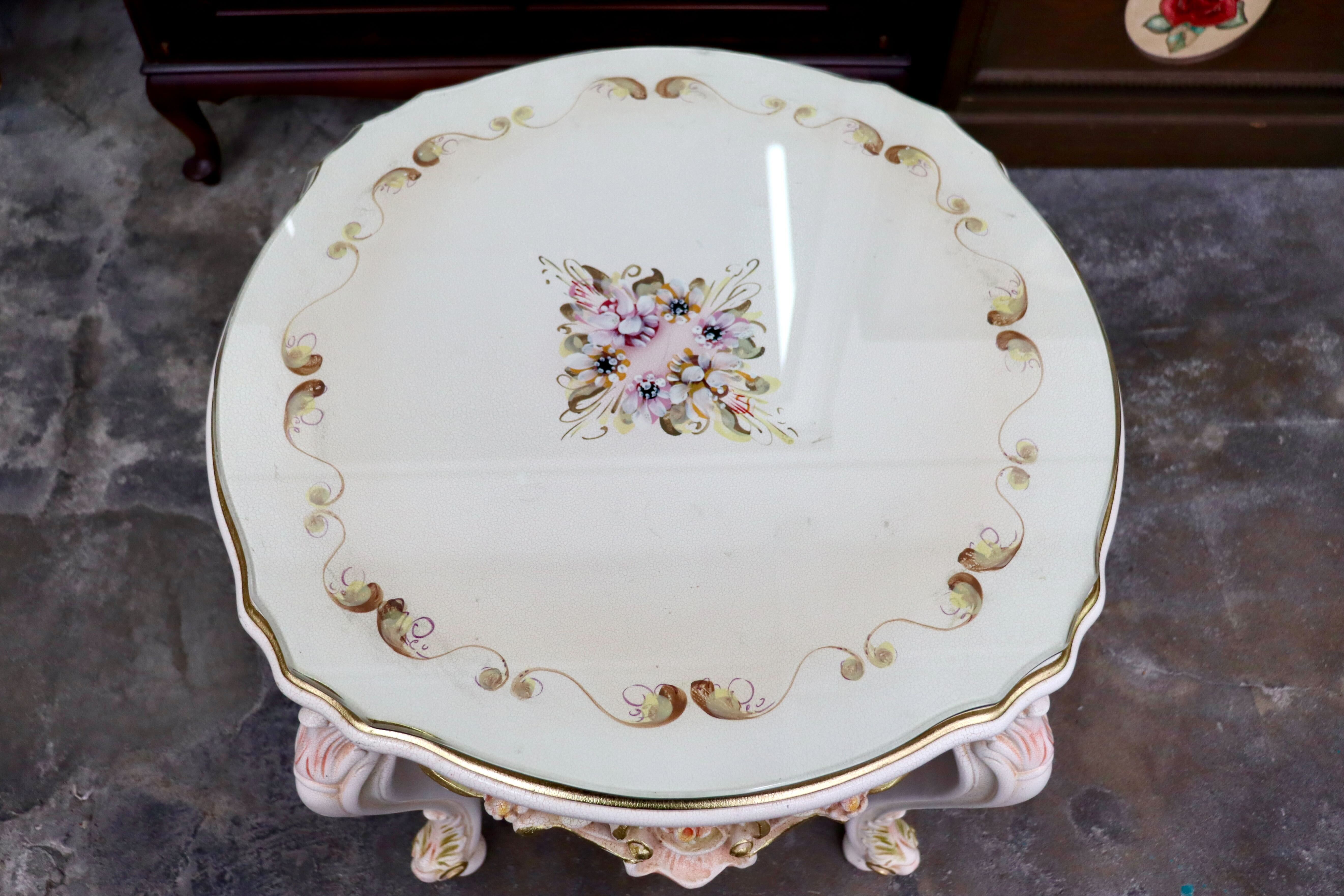 GMIS418F○サイドテーブル コーヒーテーブル 飾り台 花台 猫脚 ヨーロピアン ロココ調 アンティーク エレガント 花柄