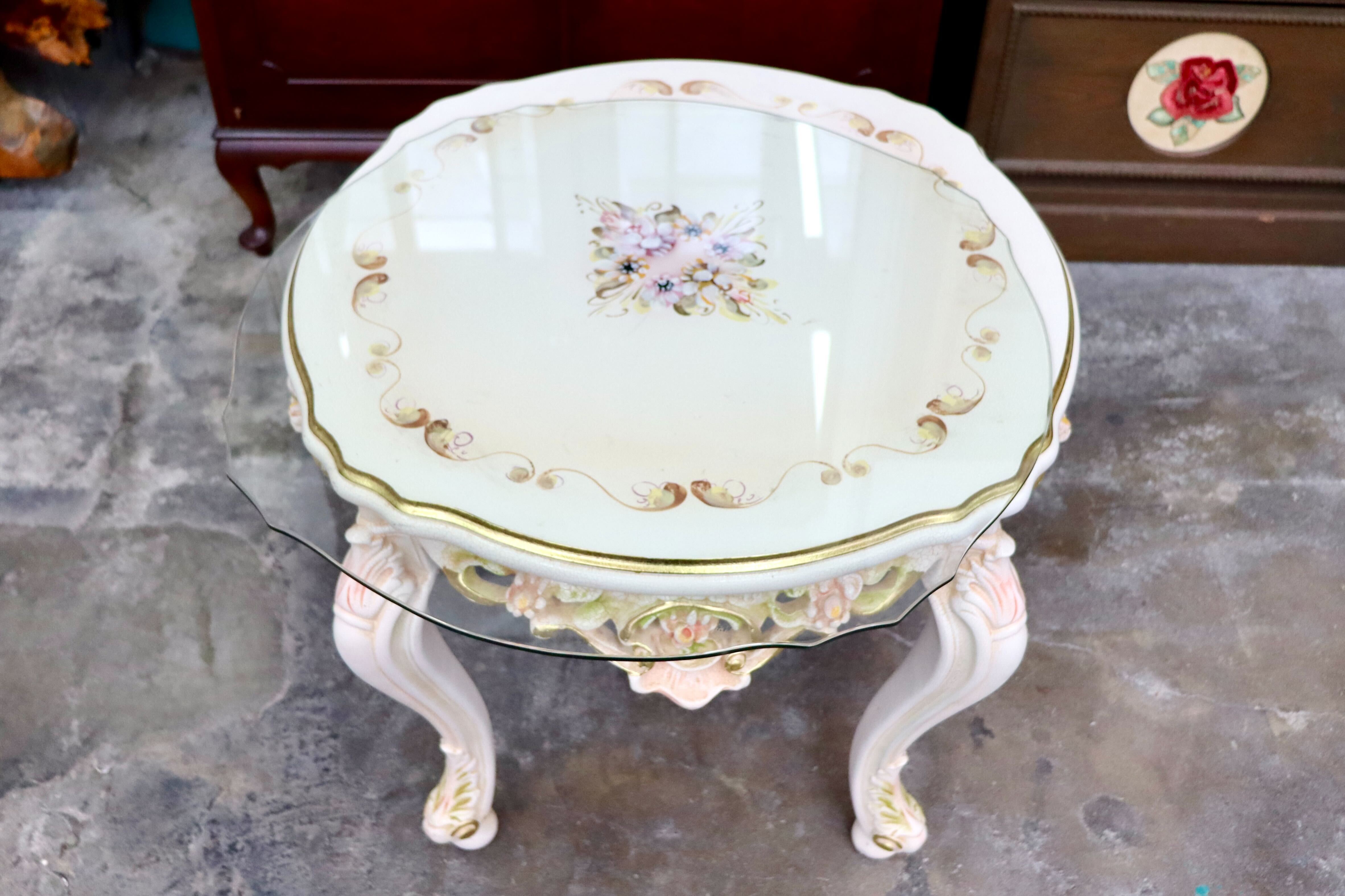 GMIS418F○サイドテーブル コーヒーテーブル 飾り台 花台 猫脚 ヨーロピアン ロココ調 アンティーク エレガント 花柄