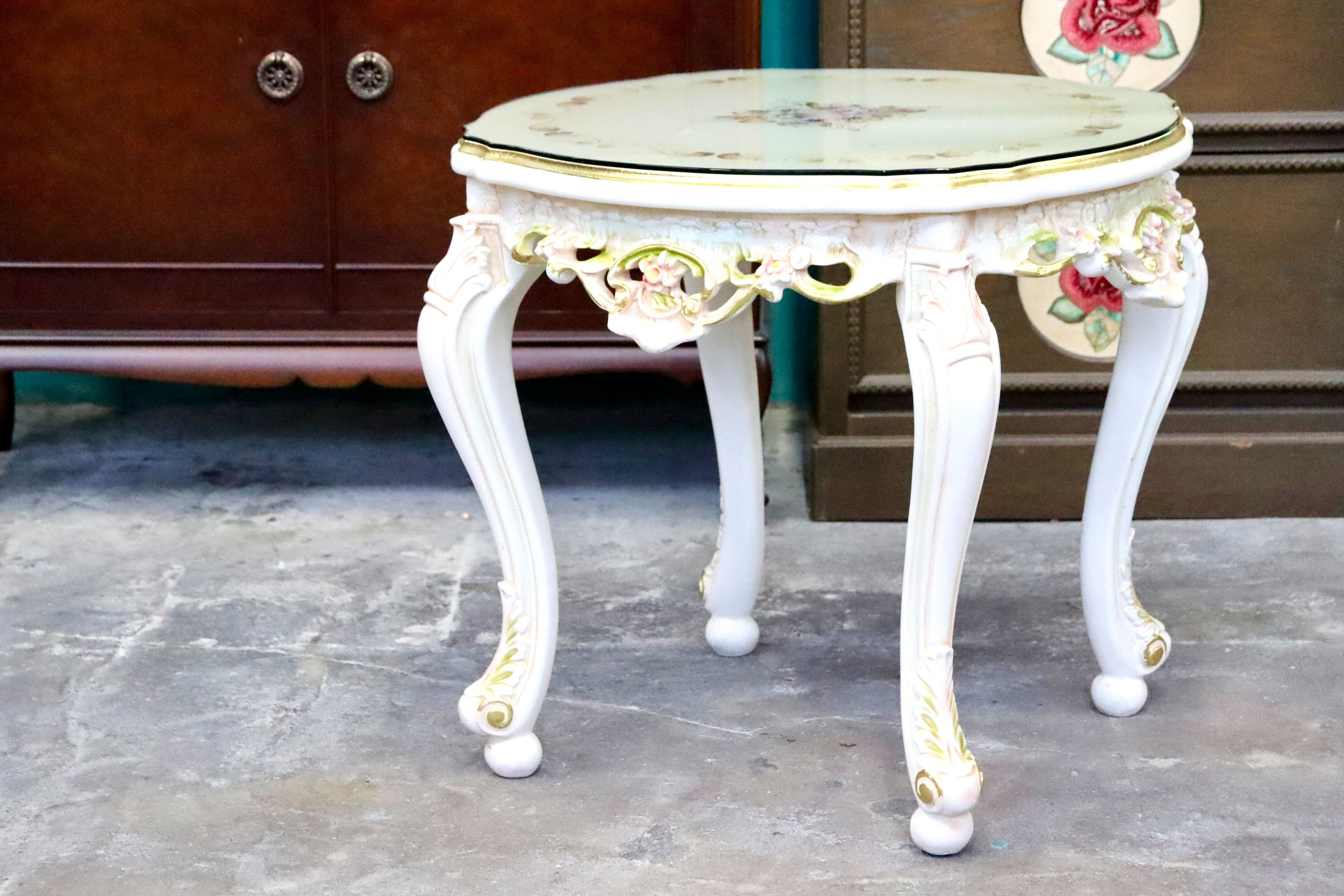 GMIS418G○サイドテーブル コーヒーテーブル 飾り台 花台 猫脚 ヨーロピアン ロココ調 アンティーク エレガント 花柄