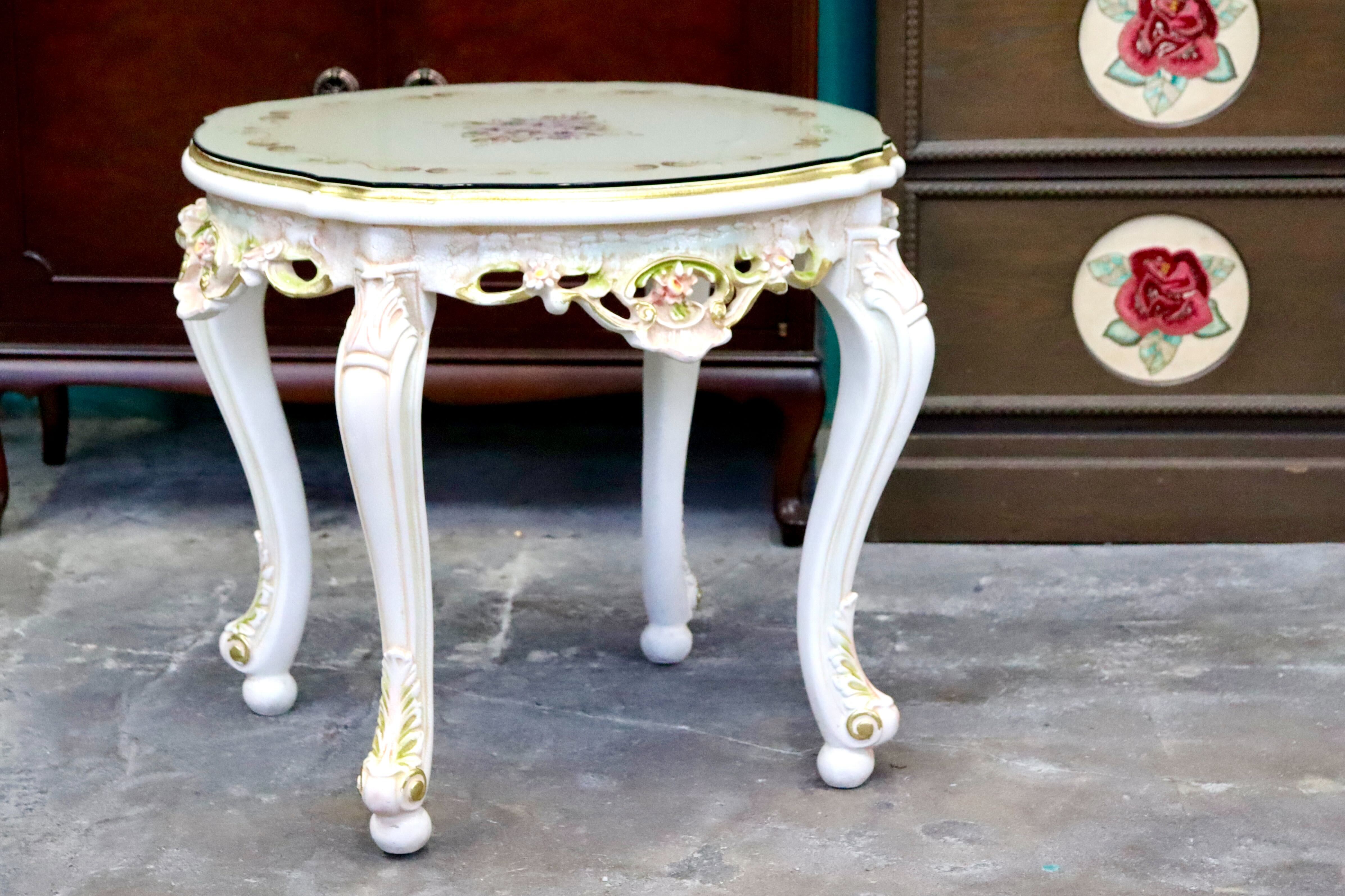 GMIS418G○サイドテーブル コーヒーテーブル 飾り台 花台 猫脚 ヨーロピアン ロココ調 アンティーク エレガント 花柄