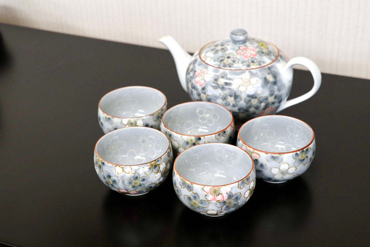 GMJH332AN○有田焼 急須茶器揃 急須 湯呑 汲出 仙茶 桜文様 染錦 和食器 茶器 陶器 和モダン 5客セット