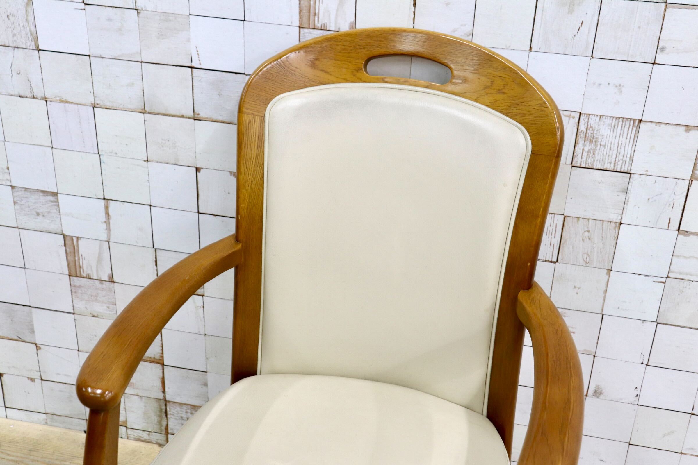 GMIS547E〇浜本工芸 / HAMAMOTO 椅子 ダイニングチェア アームチェア 本革 アイボリー オーク 定価約6.9万