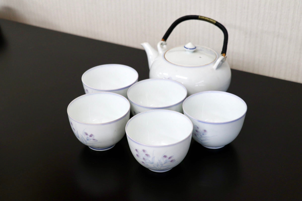 GMJH332AO○有田焼 柳山作 急須茶器揃 急須 湯呑 汲出 仙茶 染付小花柄 和食器 茶器 陶器 在銘 和モダン 5客セット