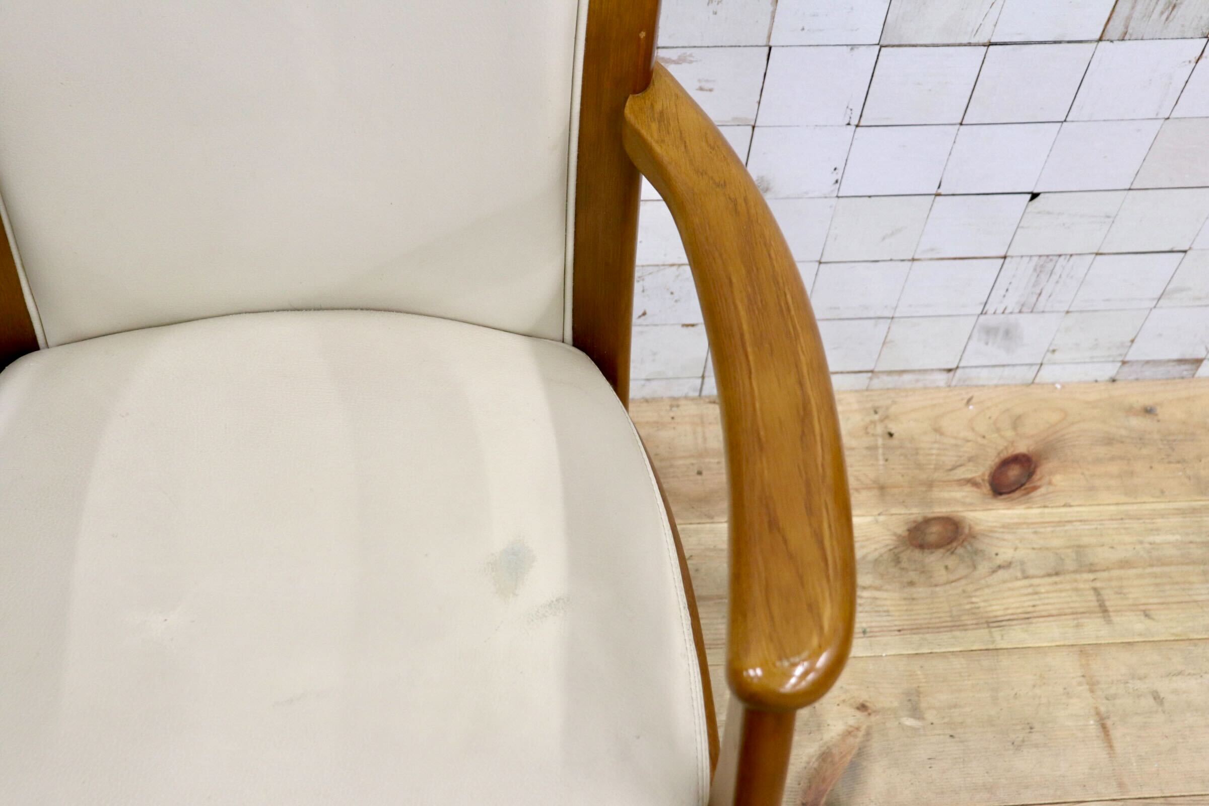 GMIS547E〇浜本工芸 / HAMAMOTO 椅子 ダイニングチェア アームチェア 本革 アイボリー オーク 定価約6.9万