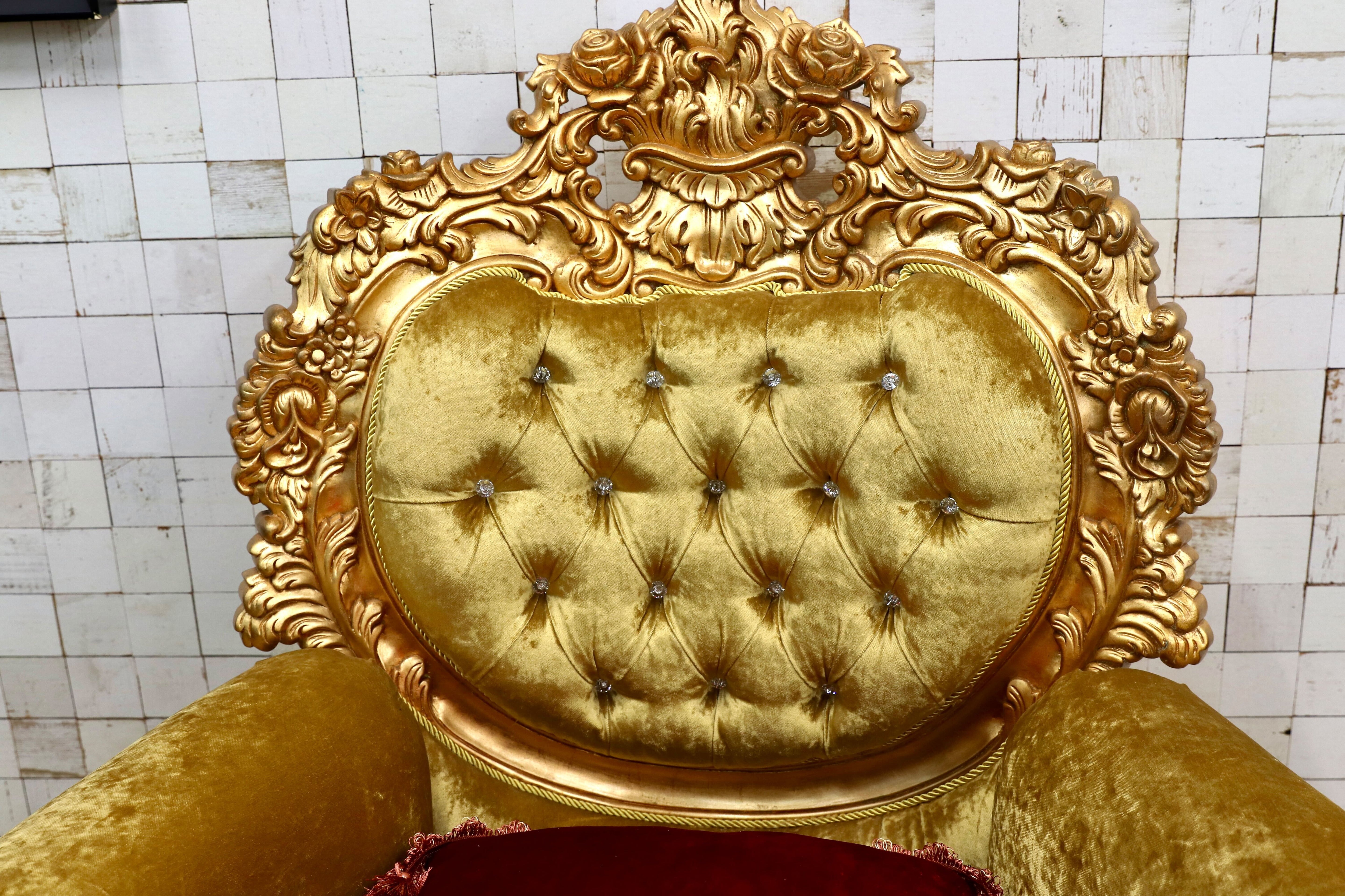 GMIS310A○18世紀 イギリス クラシックスタイル シングルソファ ロココ調 スワロフスキー 最高級 ゴールド エレガント 展示品