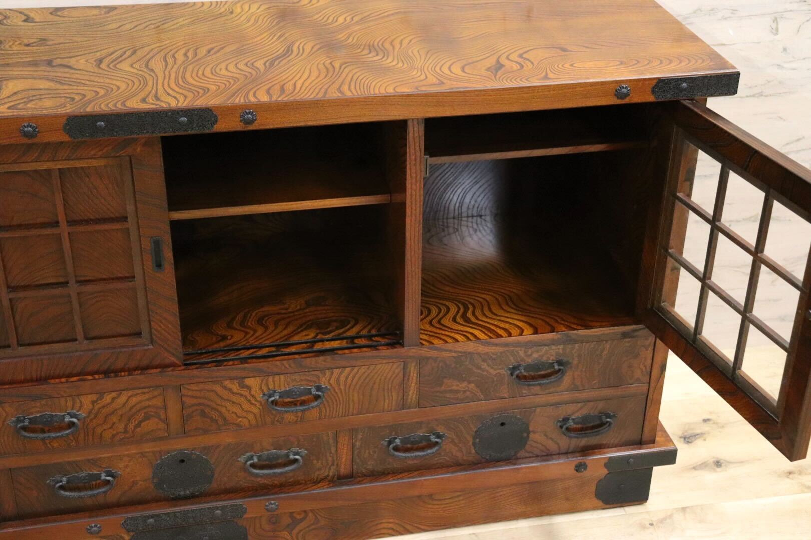 GMIH286○和モダン 欅材 サイドボード キャビネット 飾り棚 時代箪笥 リビング収納 レトロ アンティーク 和室 古民家 美品