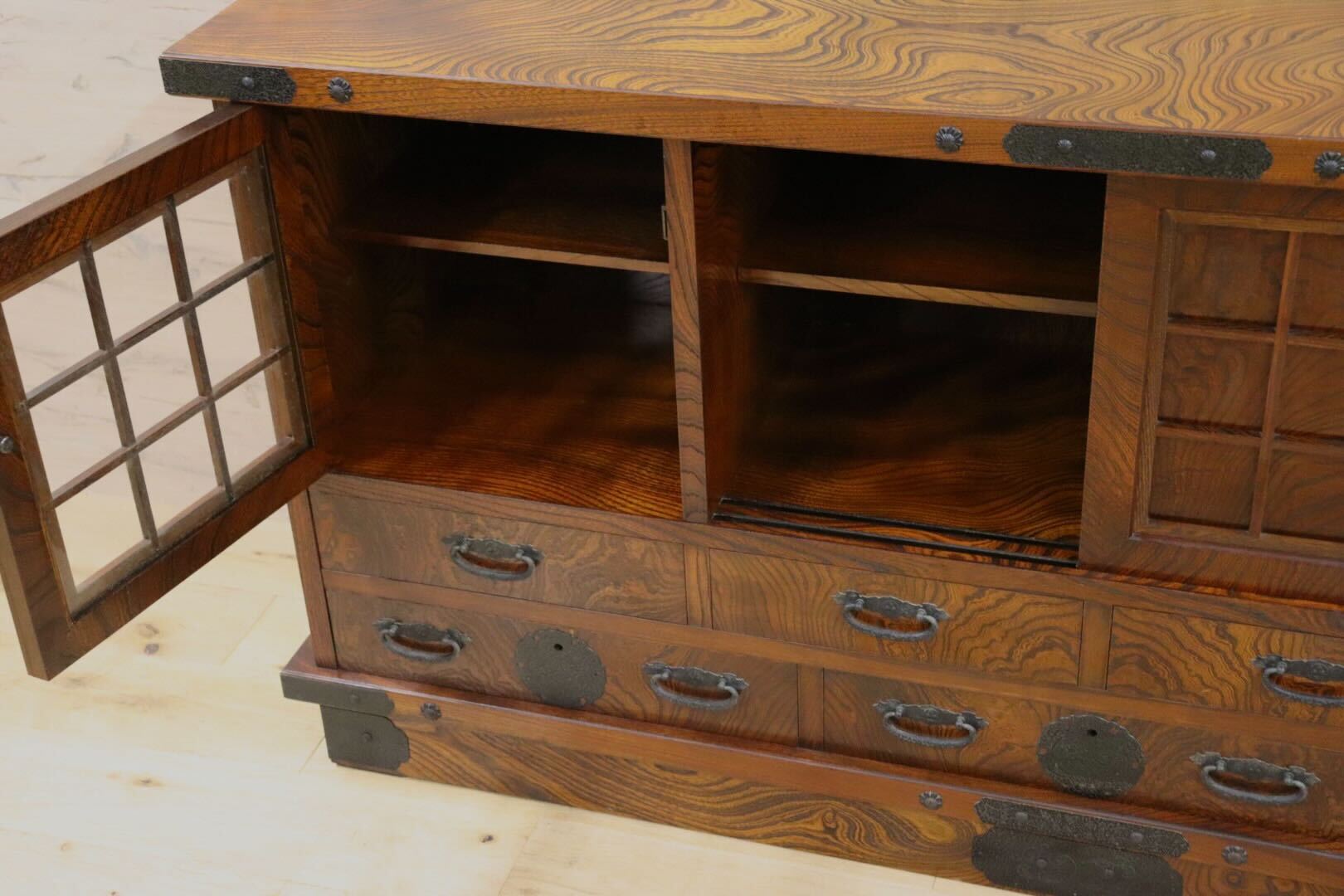 GMIH286○和モダン 欅材 サイドボード キャビネット 飾り棚 時代箪笥 リビング収納 レトロ アンティーク 和室 古民家 美品