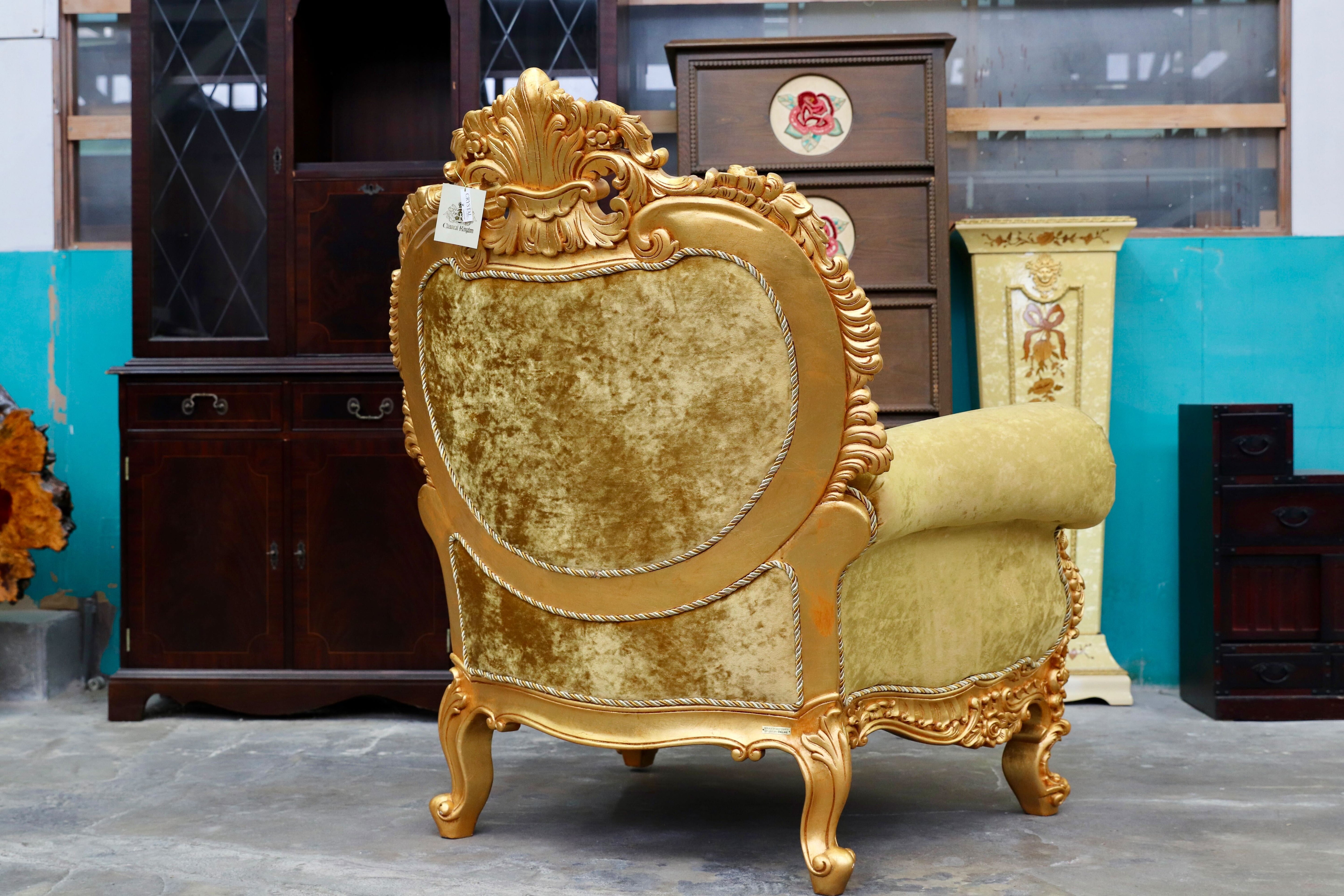 GMIS310B○18世紀 イギリス クラシックスタイル シングルソファ ロココ調 スワロフスキー 最高級 ゴールド エレガント 展示品