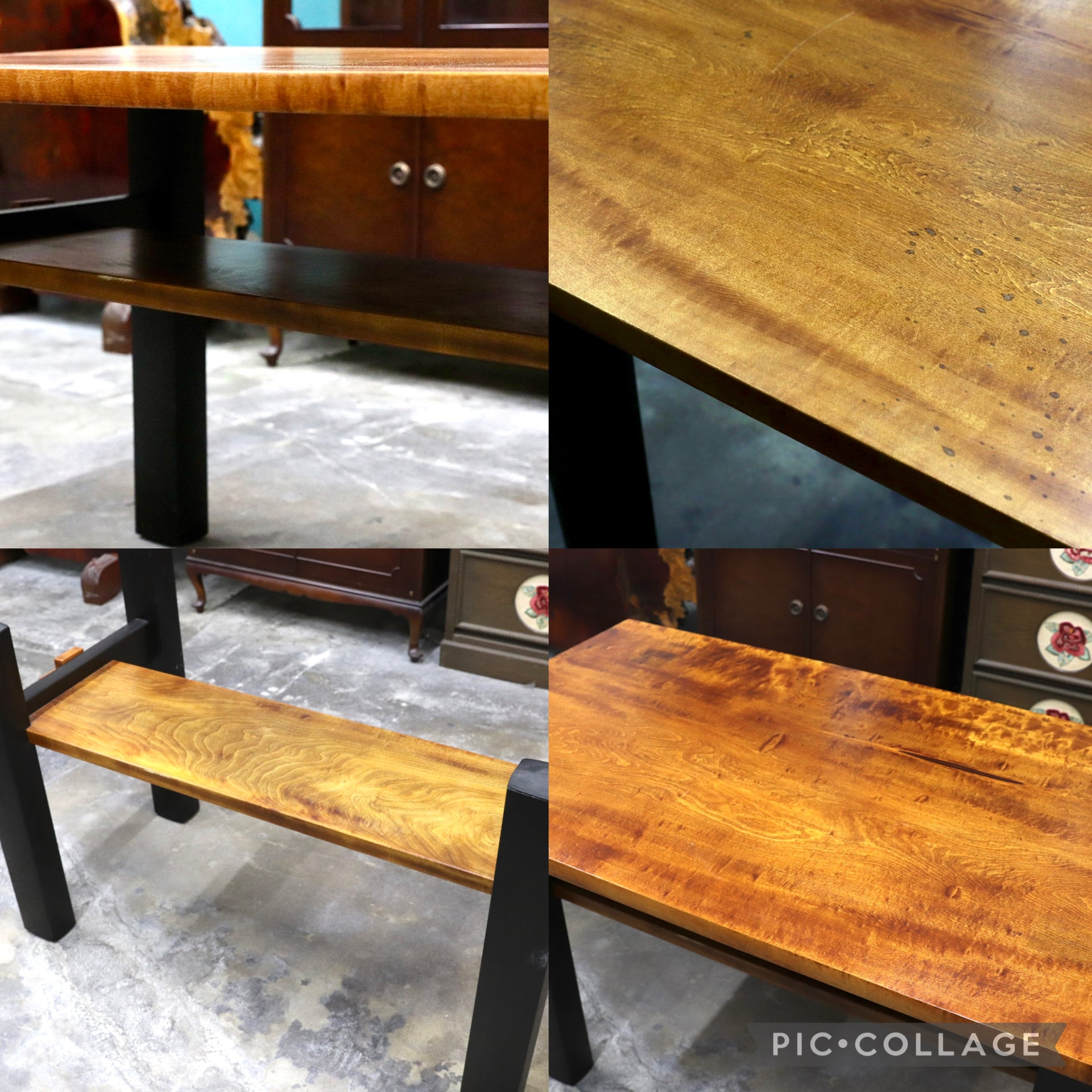 GMJS231○推定栃材 一枚板 無垢材 ダイニングテーブル デスク 縮杢 虎杢 工房家具 和モダン 民芸家具 作業台 店舗什器