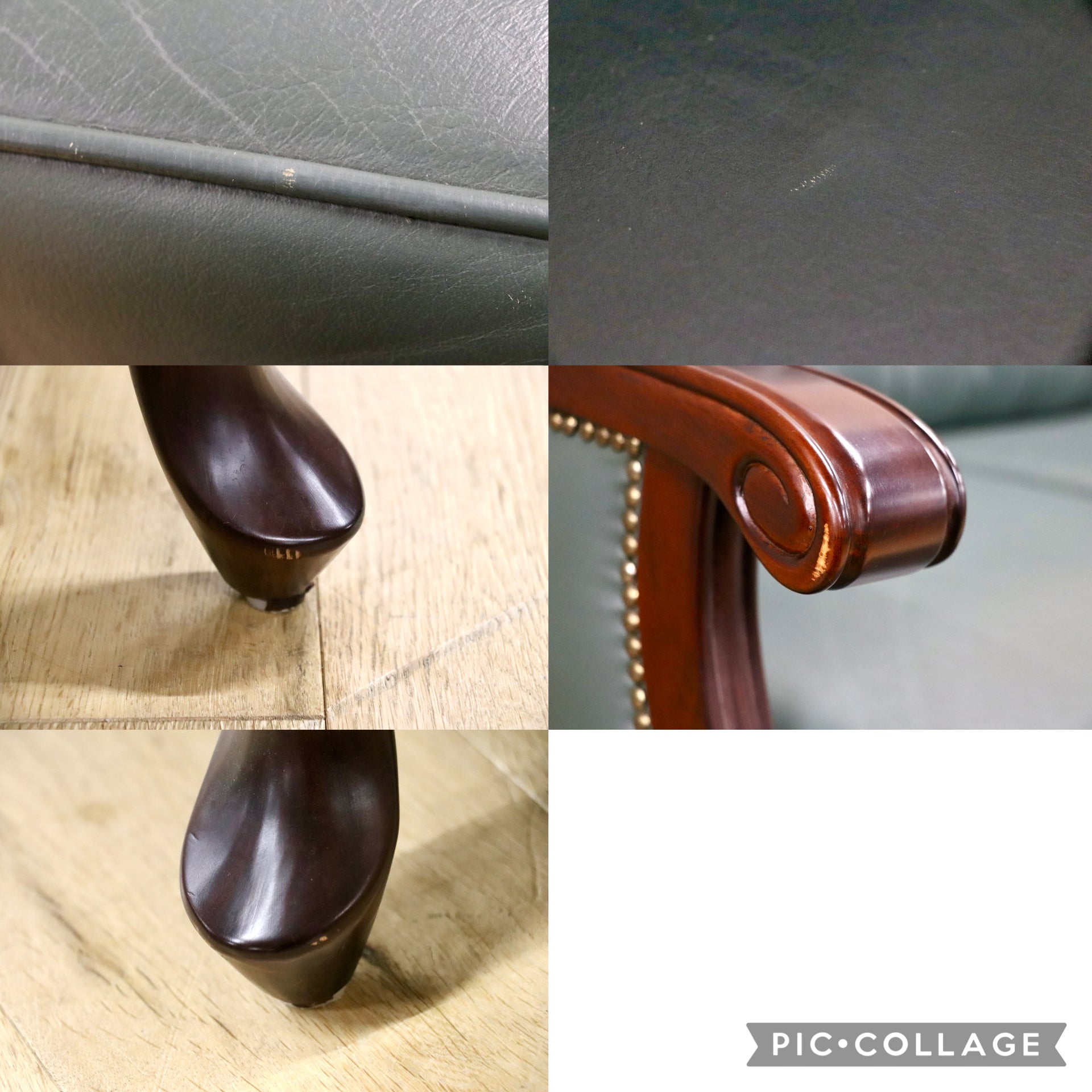 GMJK198D○奈技工房 ALDO トリプルソファ 長椅子 本革 鋲打ち 猫脚 クラシック ヨーロピアン ロココ調 グリーン 定価約62万円