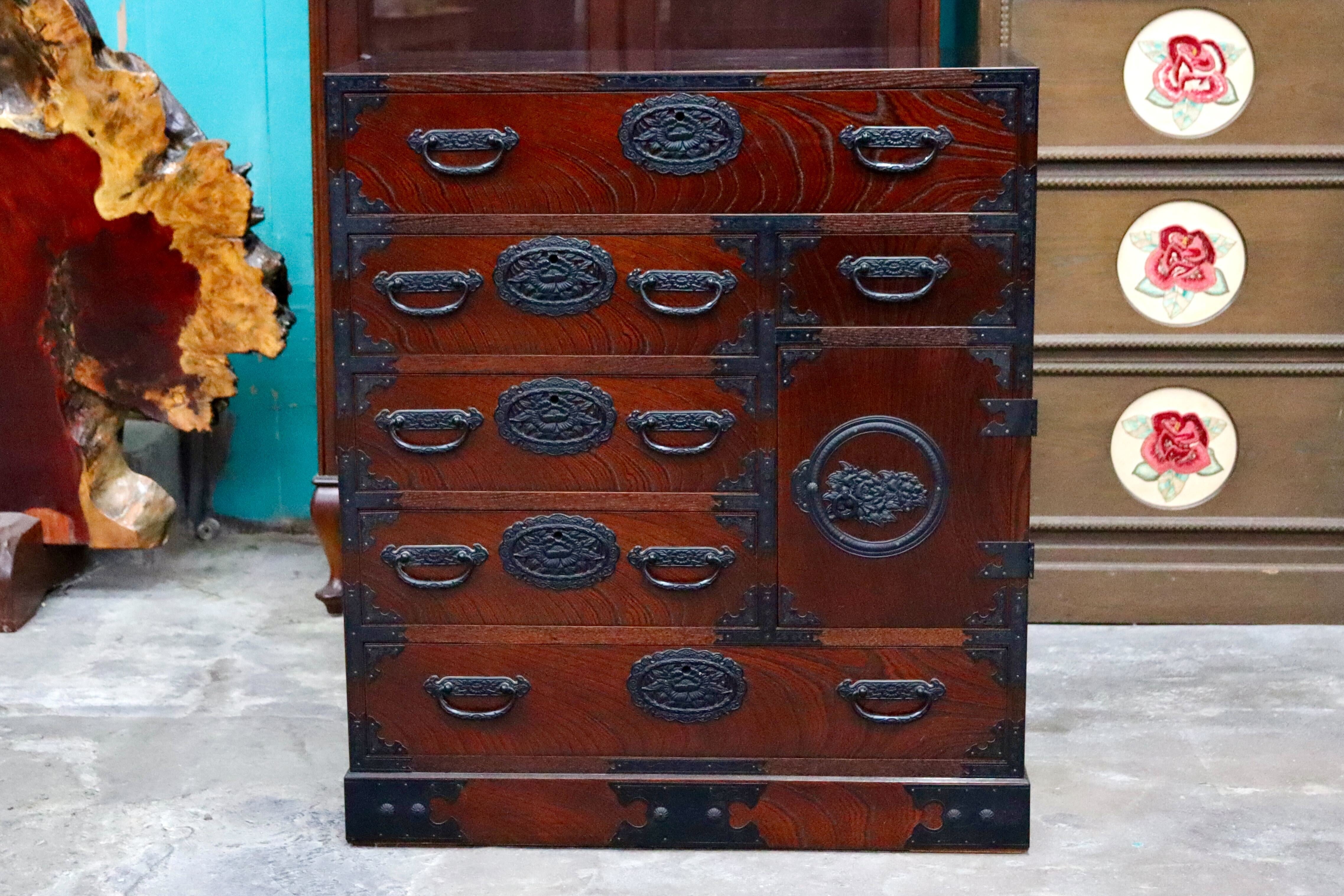 GMIS428B○時代箪笥 整理箪笥 民芸箪笥 伝統工芸 チェスト 和箪笥 和家具 5段チェスト 和室 和モダン 古民家 レトロ 吉野民芸 検）