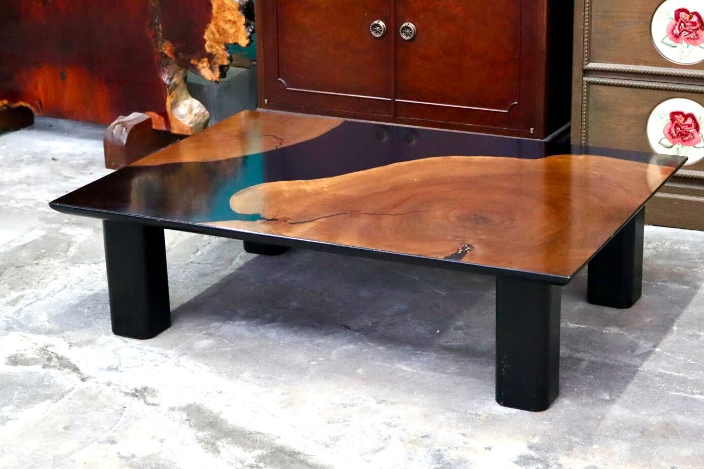 GMIH422C○松岡漆工 センターテーブル ローテーブル 座卓 大楠年輪 木製 漆 和家具 和モダン 和室 リビング レトロ ヴィンテージ