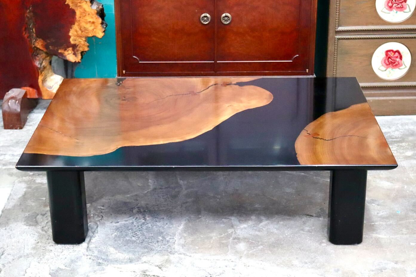 GMIH422C○松岡漆工 センターテーブル ローテーブル 座卓 大楠年輪 木製 漆 和家具 和モダン 和室 リビング レトロ ヴィンテージ