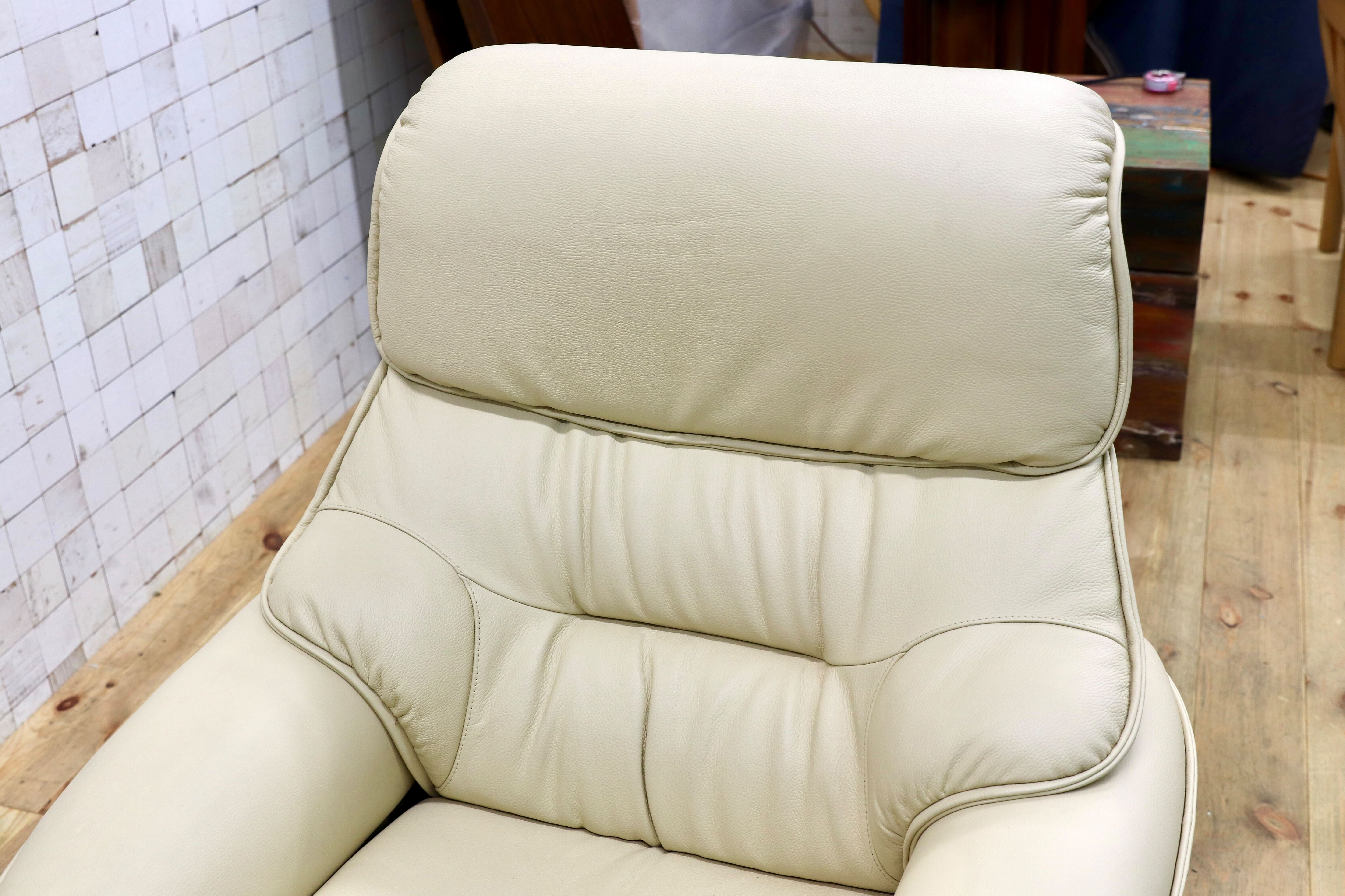 GMIS308○冨士ファニチア / FUJI FURNITURE 1人掛けソファ シングルソファ 本革 クリーム色 回転チェア ラウンジチェア リクライニング