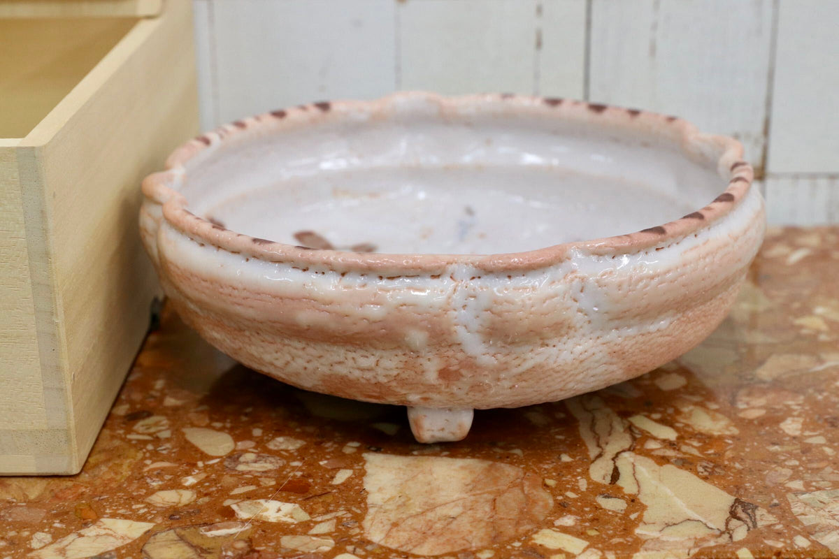 GMJH344D○水野澤三 陽山窯 志野 三足鉢 菓子器 谷耕月 書付 共箱 土岐市指定無形文化財保持者 茶道具