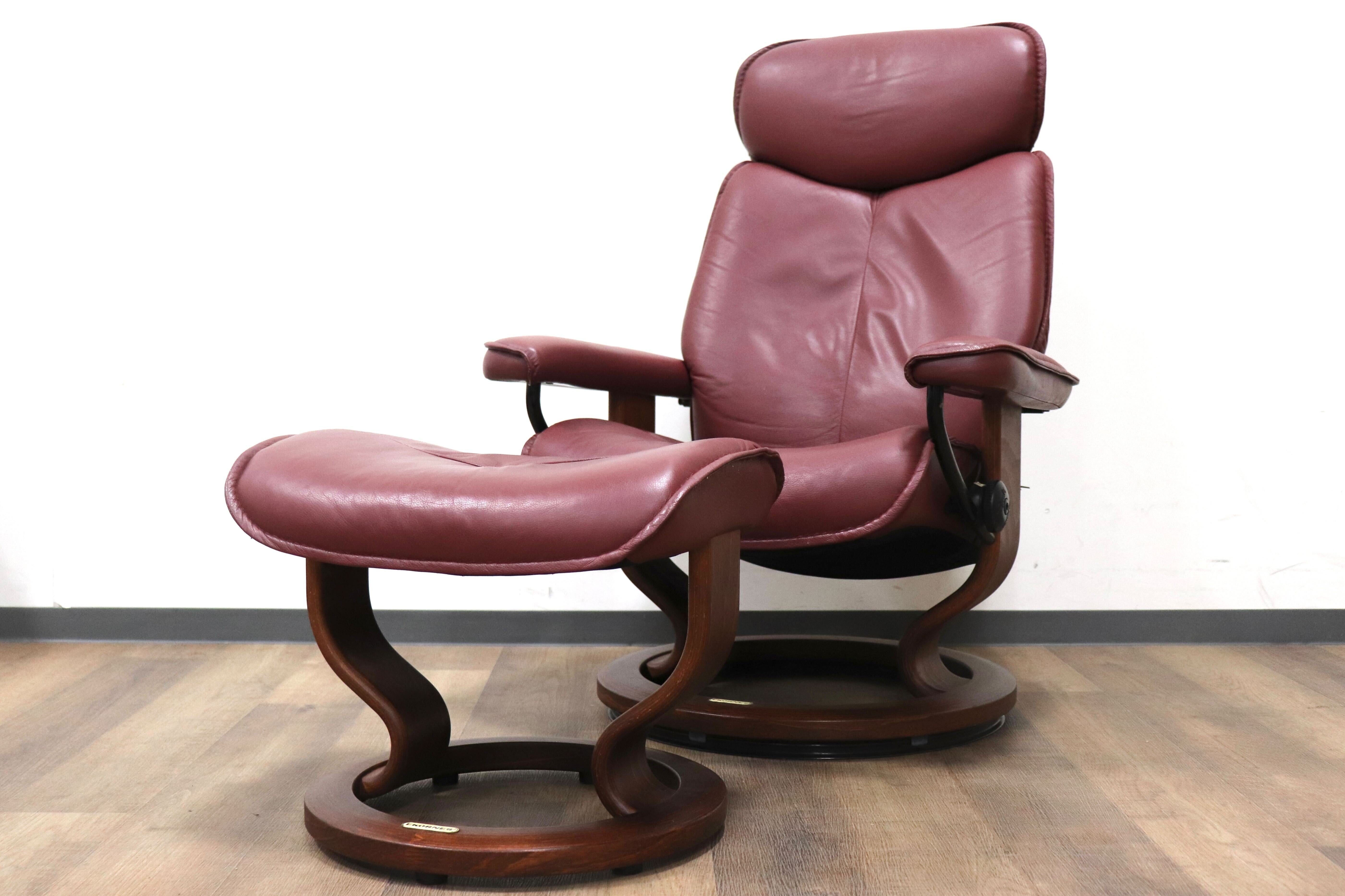 GMHS34○EKORNES / エコーネス リブラ リクライニングチェア パーソナルチェア オットマン 北欧 ノルウェー 本革 臙脂色 定価約20万