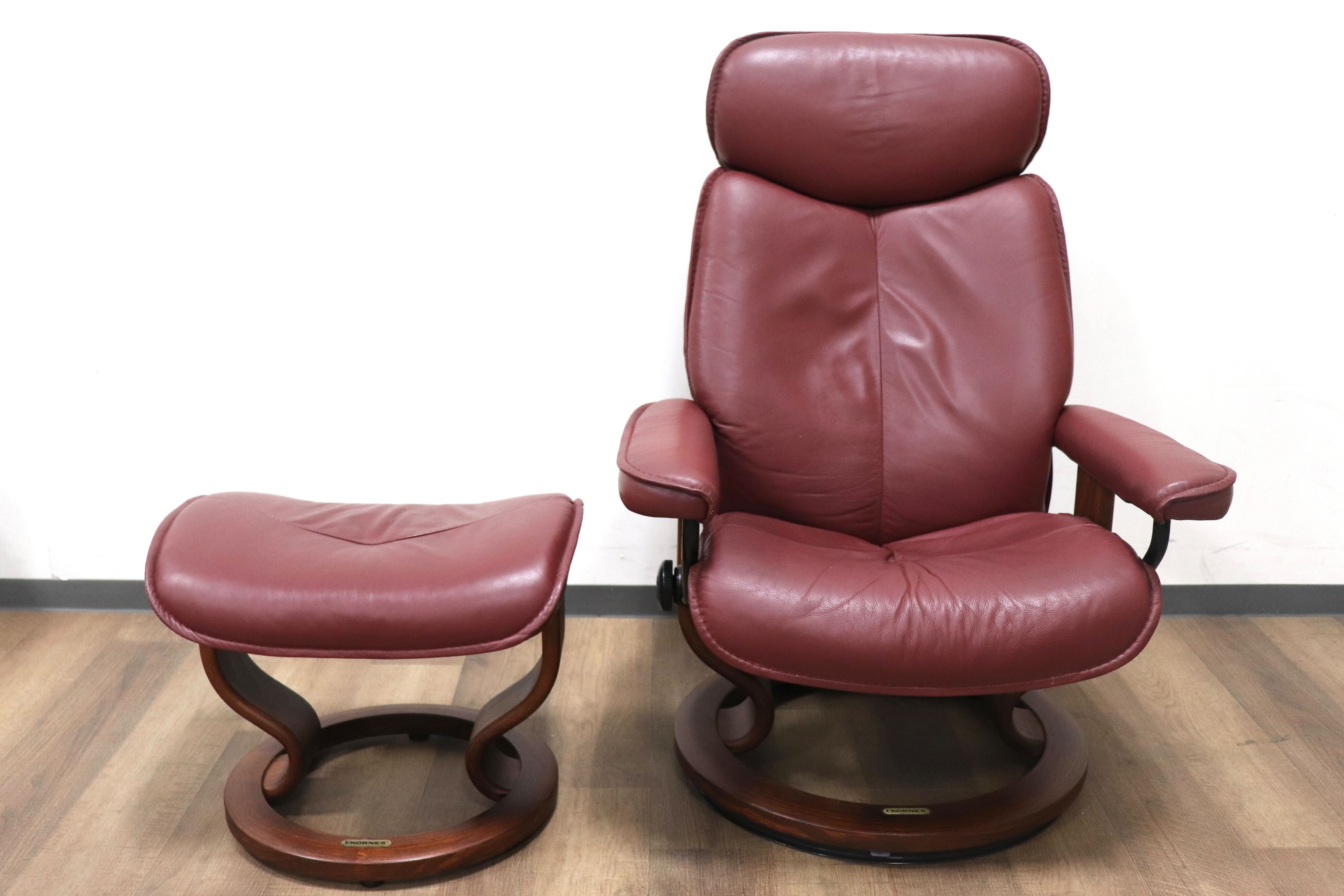 GMHS34○EKORNES / エコーネス リブラ リクライニングチェア パーソナルチェア オットマン 北欧 ノルウェー 本革 臙脂色 定価約20万