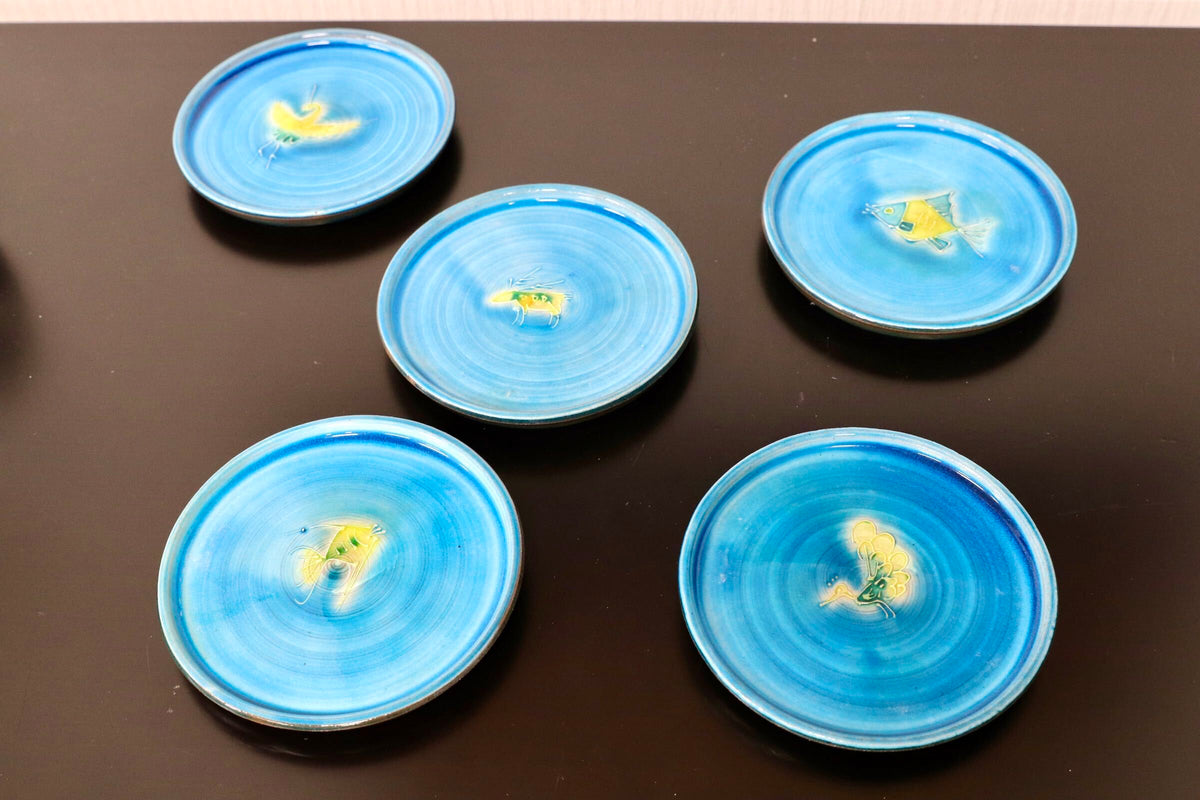 GMJO136D○トルコ青釉 色絵動物文 絵替銘々皿 五客揃 在銘 陶印 茶道具 懐石道具 和食器