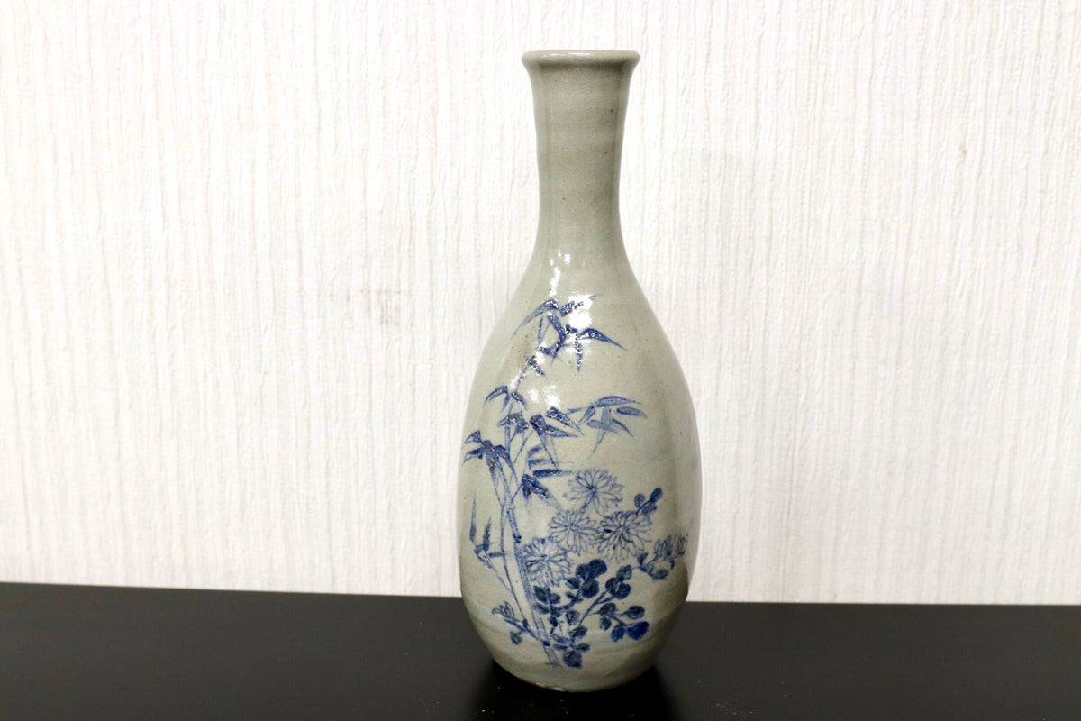 GMJO136F○染付 草花文 鶴首花入 花瓶 在銘 呉須 古陶磁 茶道具 華道具 古美術