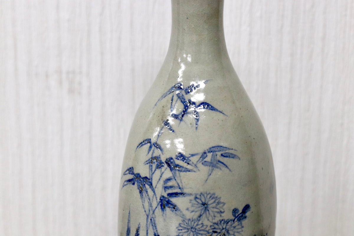 GMJO136F○染付 草花文 鶴首花入 花瓶 在銘 呉須 古陶磁 茶道具 華道具 古美術