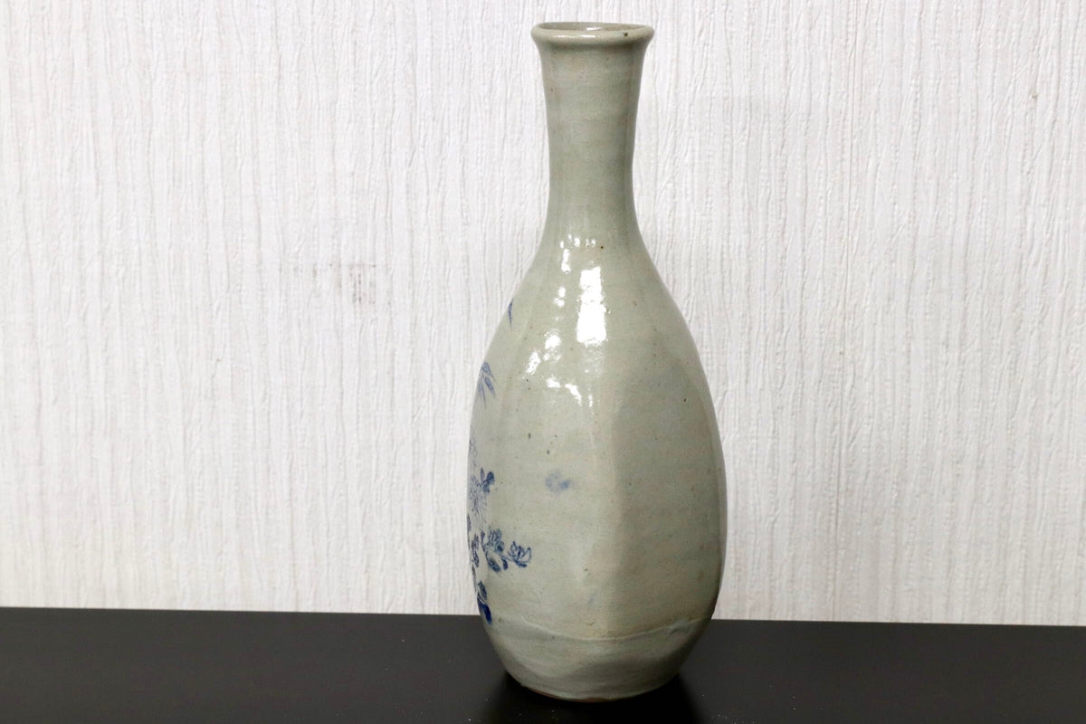 GMJO136F○染付 草花文 鶴首花入 花瓶 在銘 呉須 古陶磁 茶道具 華道具 古美術
