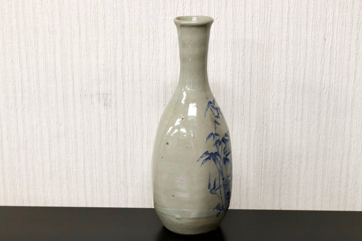 GMJO136F○染付 草花文 鶴首花入 花瓶 在銘 呉須 古陶磁 茶道具 華道具 古美術