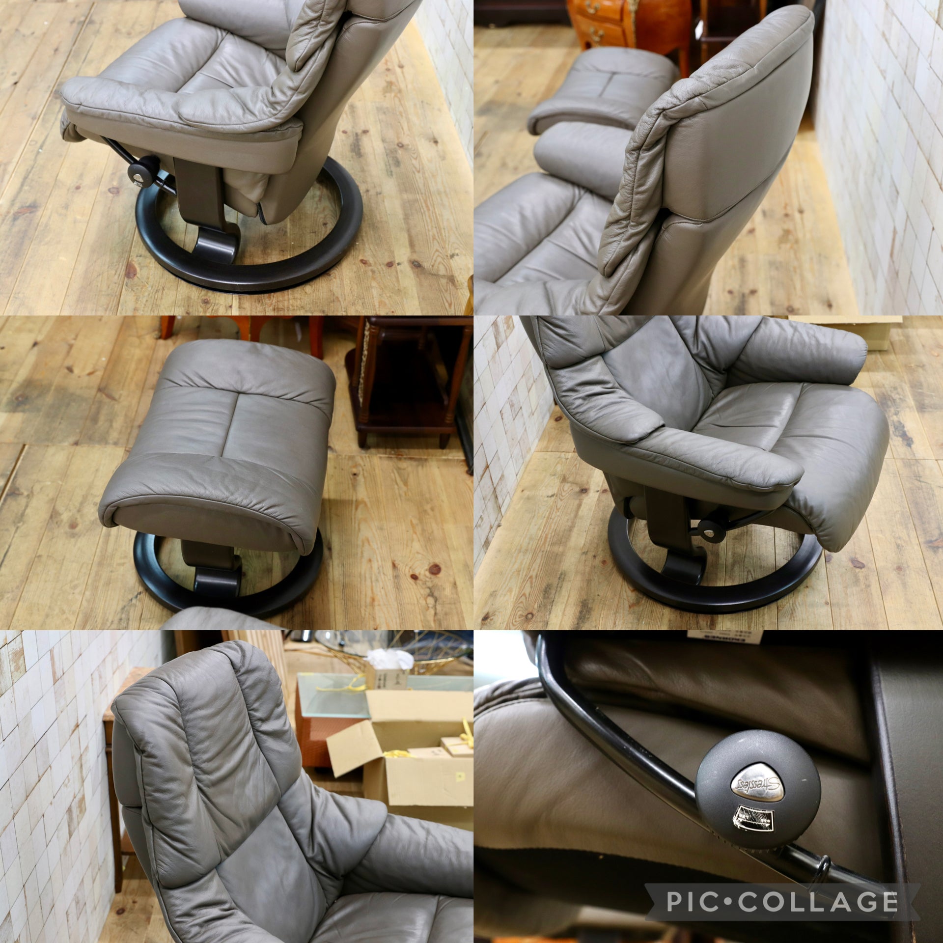 GMJK366○EKORNES / エコーネス Stressless Reno ストレスレス レノ 推定Sサイズ 本革 リクライニングチェア オットマン グレー 約45万円