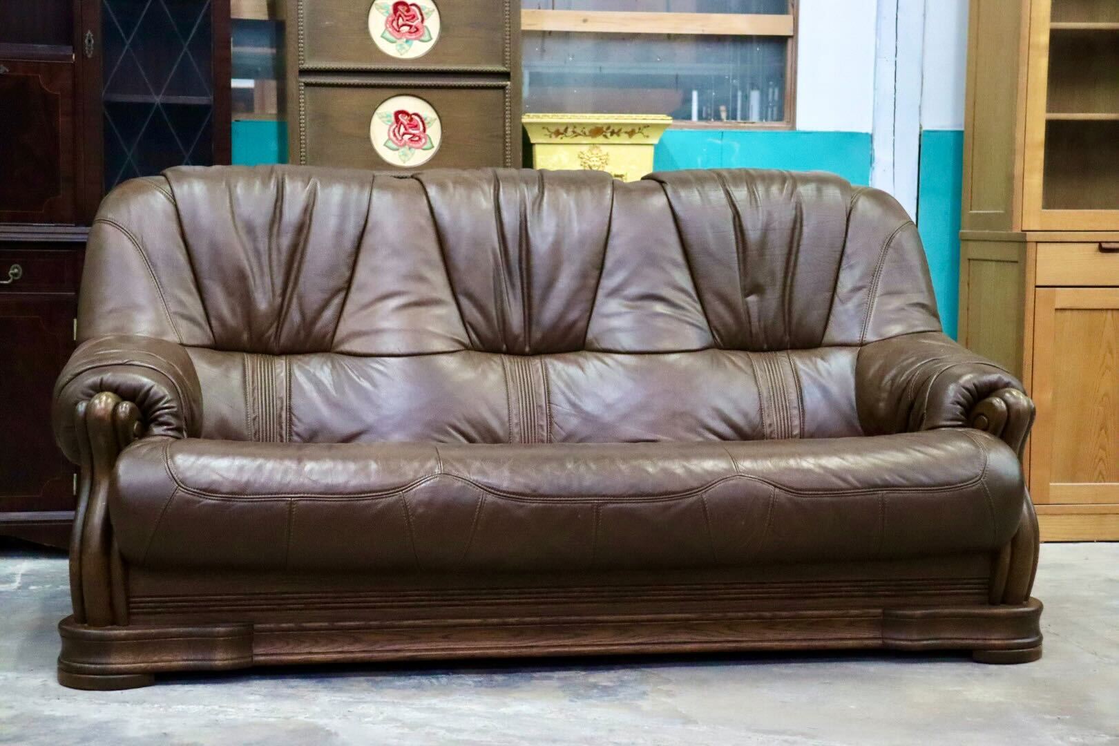 GMIK622○オランダ製 ダッチカントリー 3人掛けソファ トリプルソファ 長椅子 楢材 本革 ブラウン クラシック ヴィンテージ 約60万