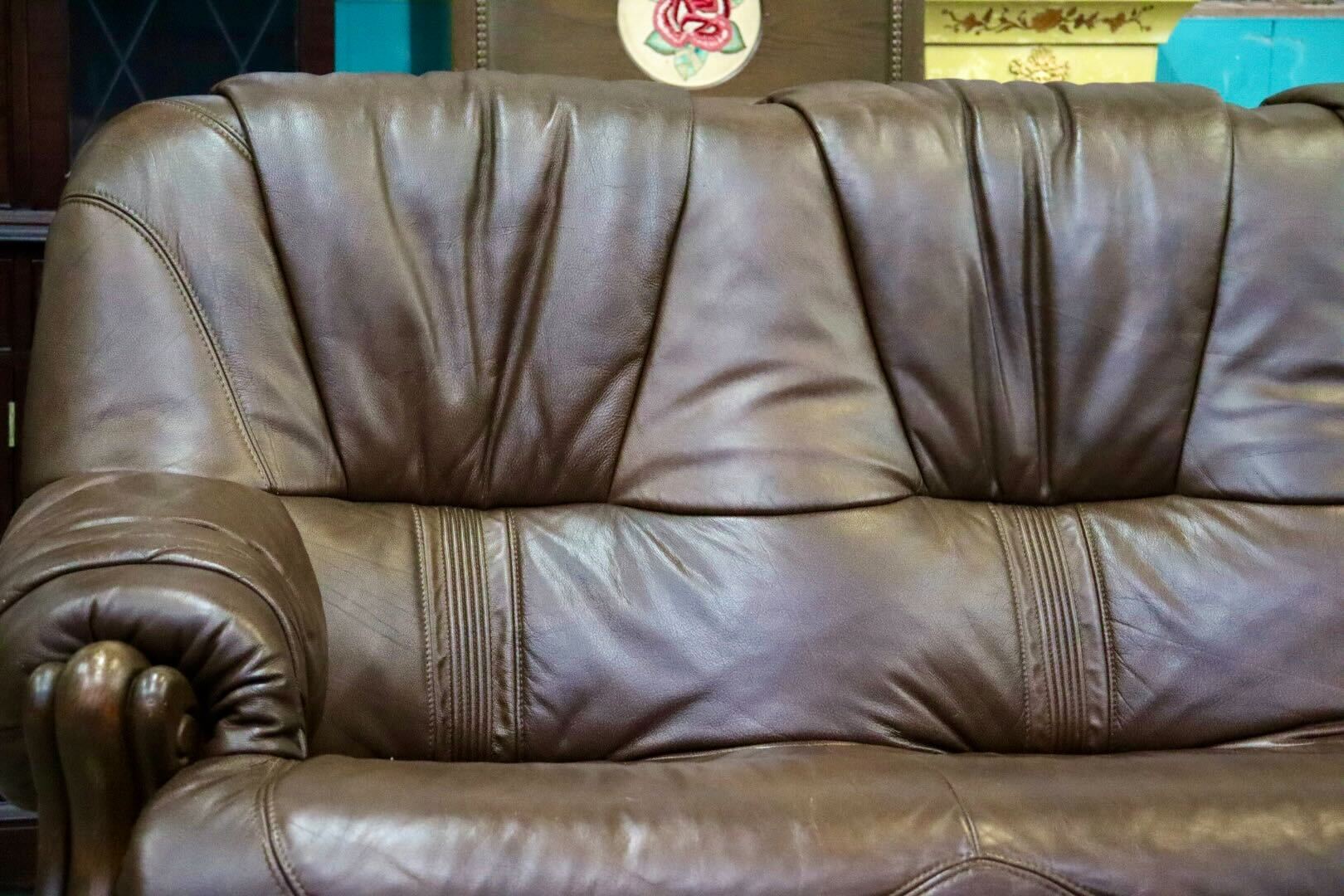 GMIK622○オランダ製 ダッチカントリー 3人掛けソファ トリプルソファ 長椅子 楢材 本革 ブラウン クラシック ヴィンテージ 約60万