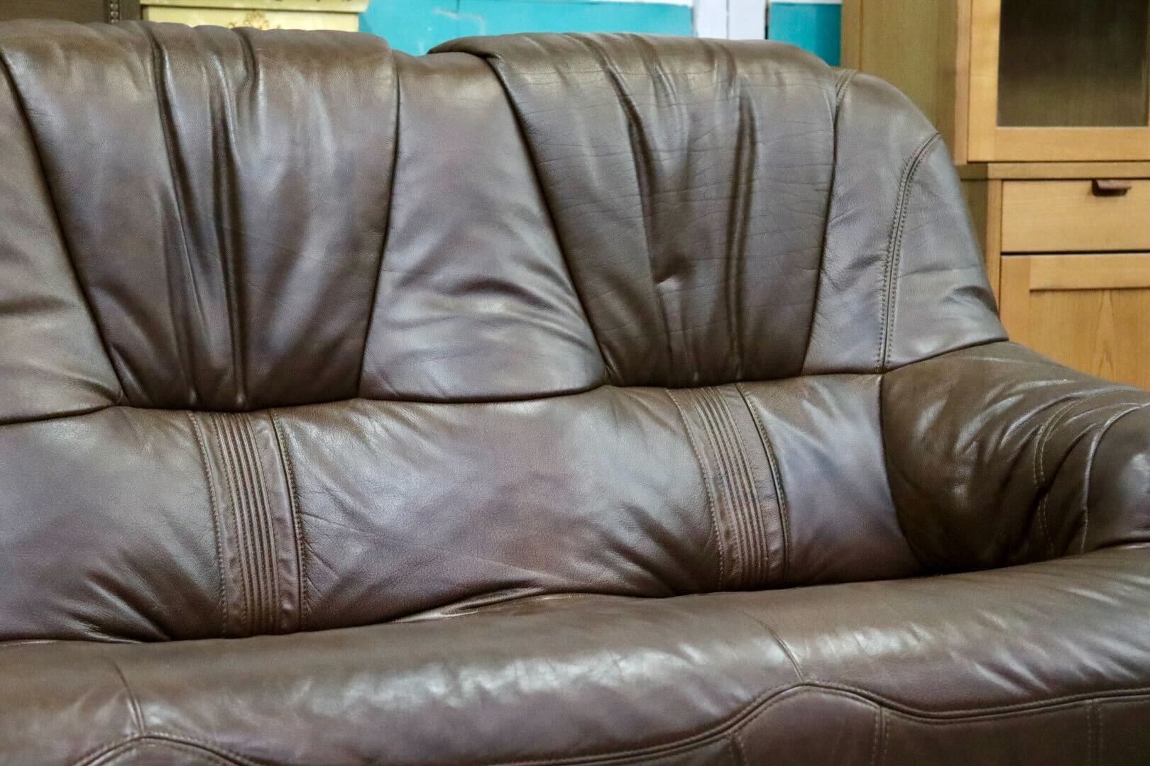 GMIK622○オランダ製 ダッチカントリー 3人掛けソファ トリプルソファ 長椅子 楢材 本革 ブラウン クラシック ヴィンテージ 約60万