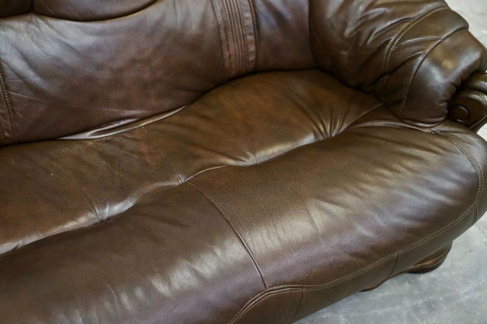 GMIK622○オランダ製 ダッチカントリー 3人掛けソファ トリプルソファ 長椅子 楢材 本革 ブラウン クラシック ヴィンテージ 約60万