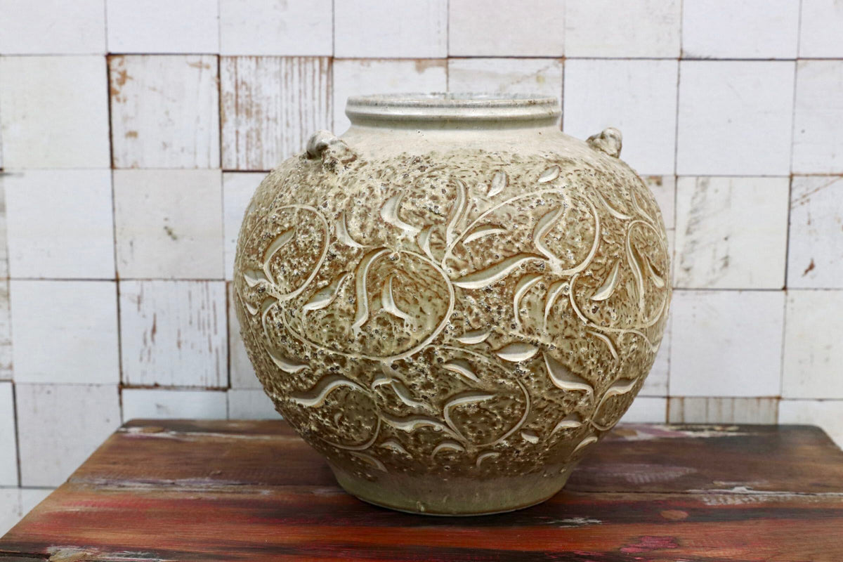 GMJO136H○南紀 御浜窯 御浜釉 唐草紋 花瓶 壺 花器 共箱