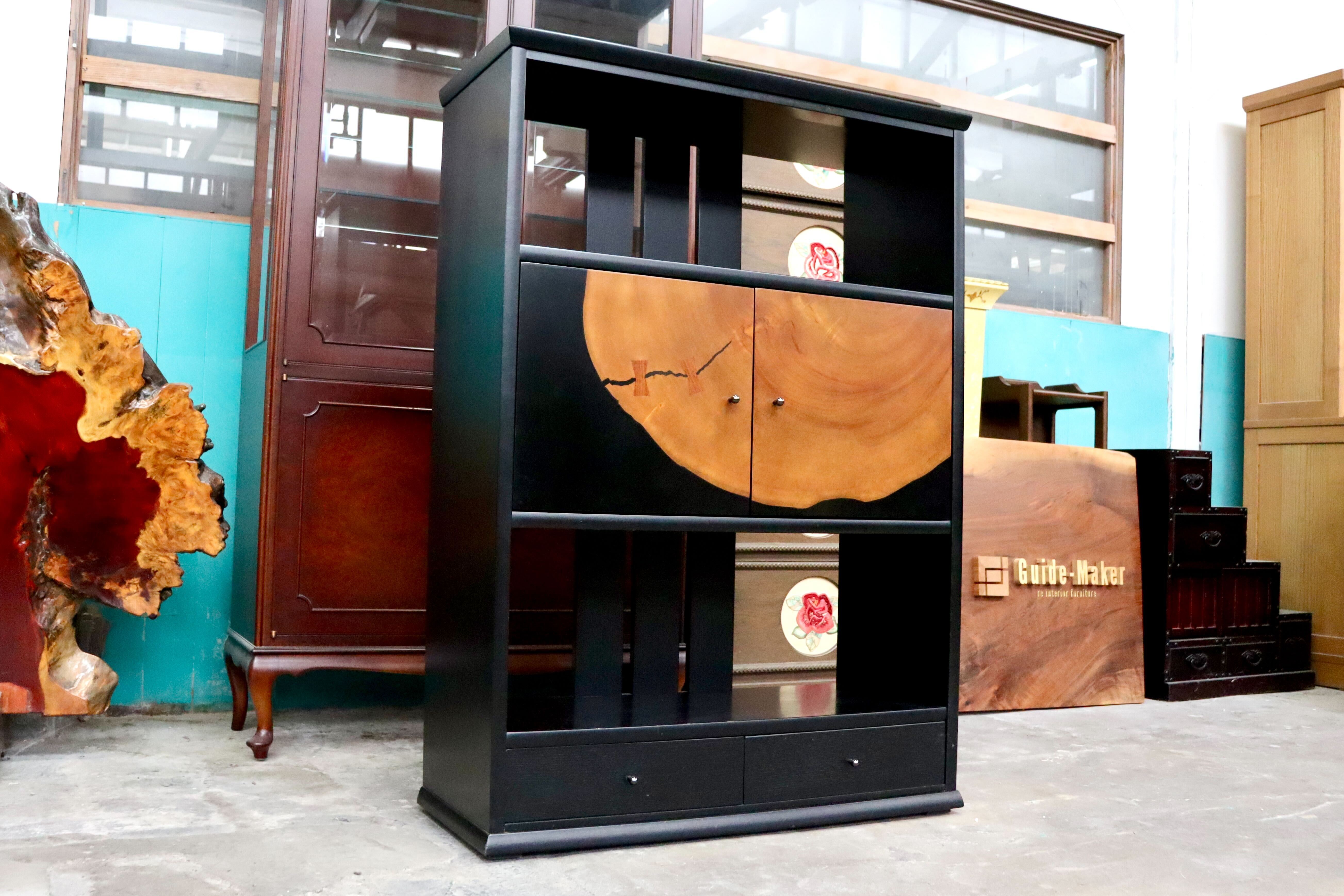 GMIH432○松岡漆工 キャビネット リビングボード 飾り棚 サイドボード 和家具 和モダン 希少 廃盤品 レトロ アンティーク