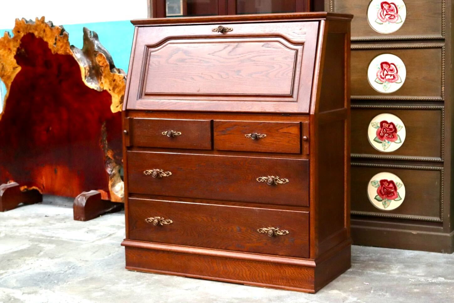 GMIK912○ライティングビューロー デスク 勉強机 学習机 キャビネット 引き出し オーク材 クラシック レトロ ヴィンテージ