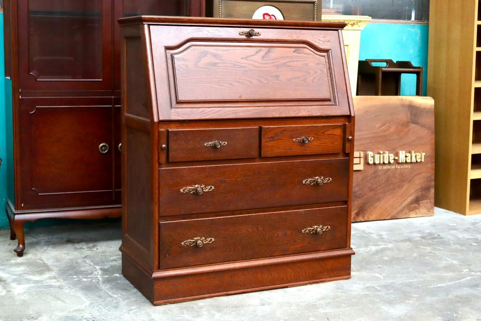 GMIK912○ライティングビューロー デスク 勉強机 学習机 キャビネット 引き出し オーク材 クラシック レトロ ヴィンテージ