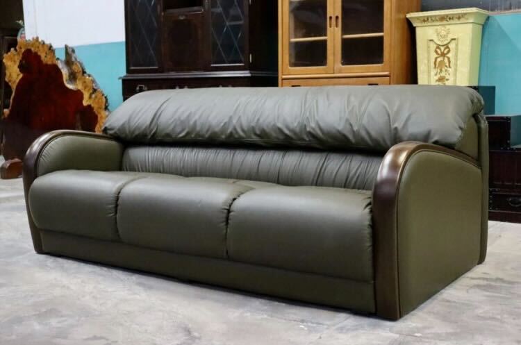 GMIK495○maruni / マルニ 3人掛けソファ トリプルソファ 長椅子 本革 深緑 応接 モダン 国産家具