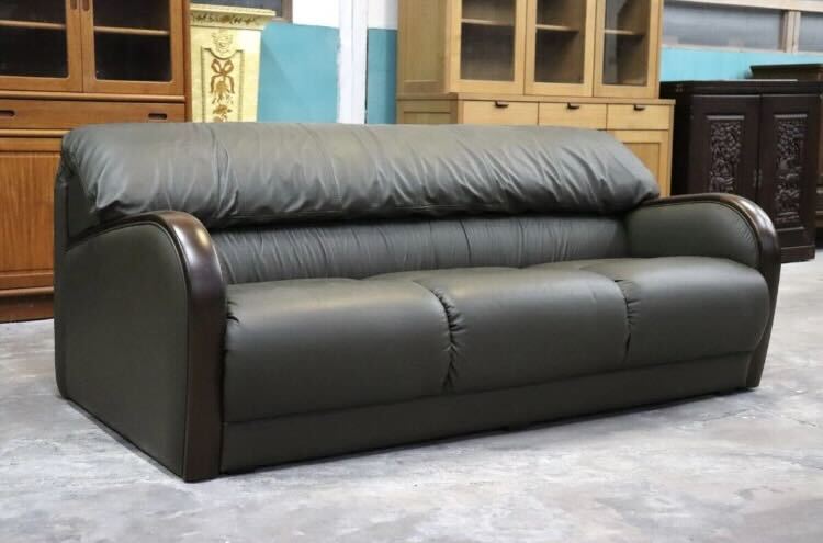 GMIK495○maruni / マルニ 3人掛けソファ トリプルソファ 長椅子 本革 深緑 応接 モダン 国産家具