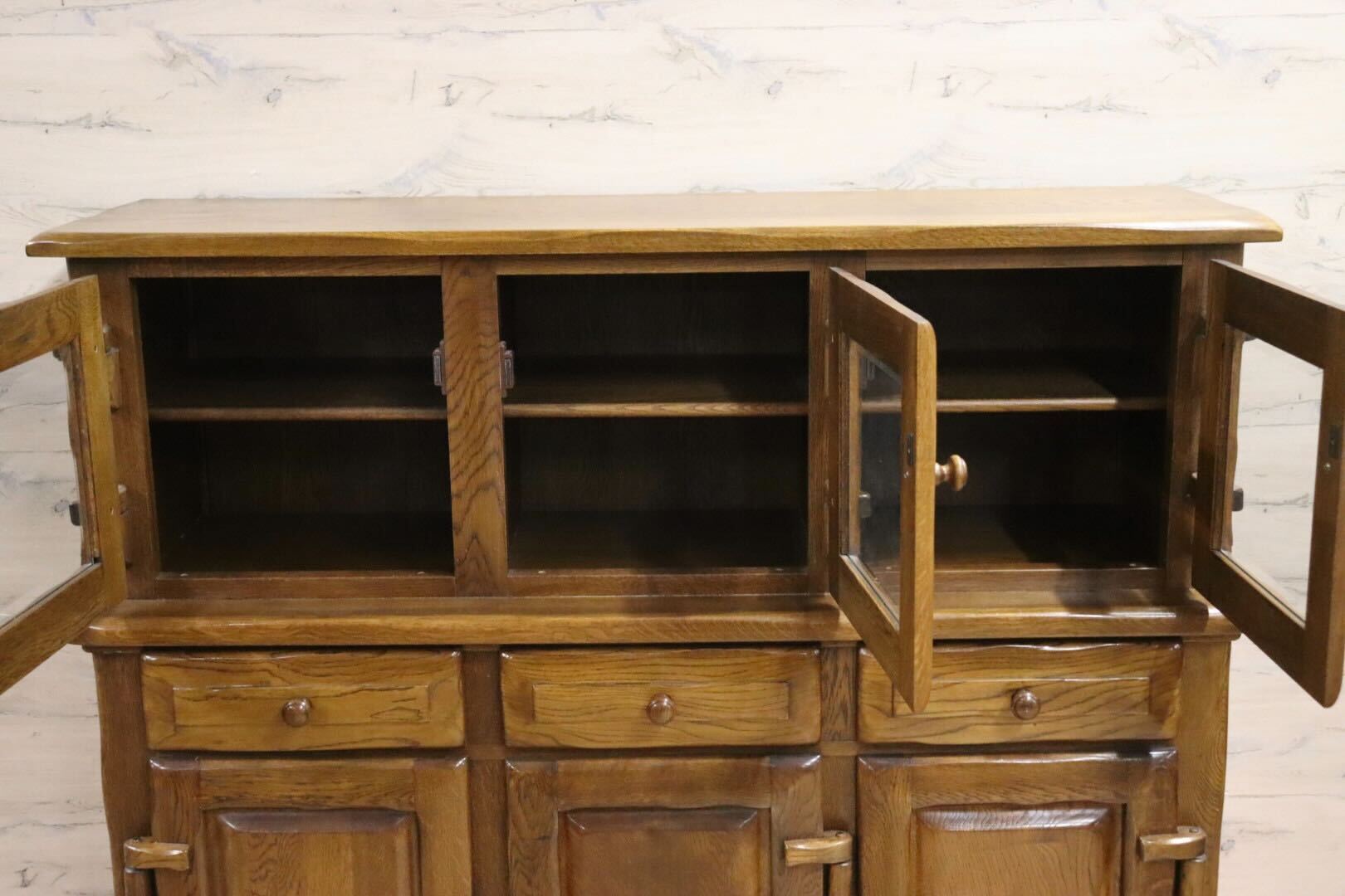 GMIS348○河本家具 / Molis 旭川家具 キャビネット サイドボード リビングボード 飾り棚 オーク無垢材 カントリー ヴィンテージ 美品