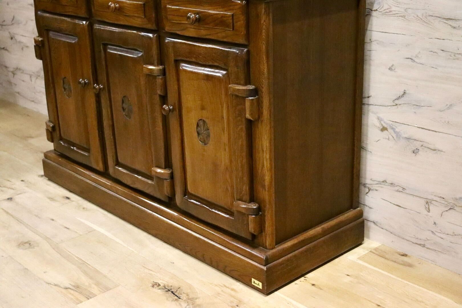 GMIS348○河本家具 / Molis 旭川家具 キャビネット サイドボード リビングボード 飾り棚 オーク無垢材 カントリー ヴィンテージ 美品