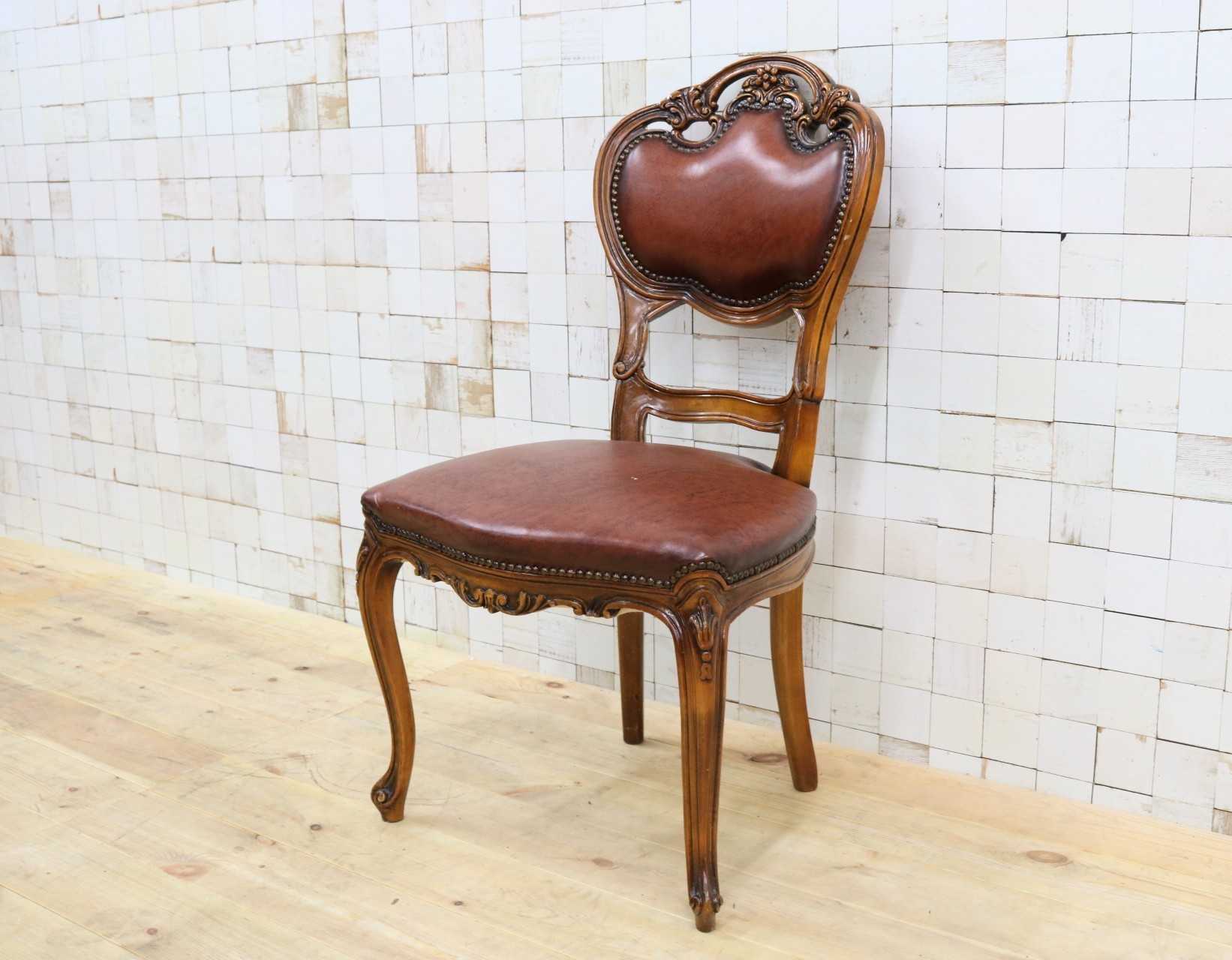 GMHH470B◯イタリア製 ロココ調 ダイニングチェア 食卓椅子 レザー 鋲打ち 彫刻 アンティーク エレガント ヨーロピアン クラシック 猫脚