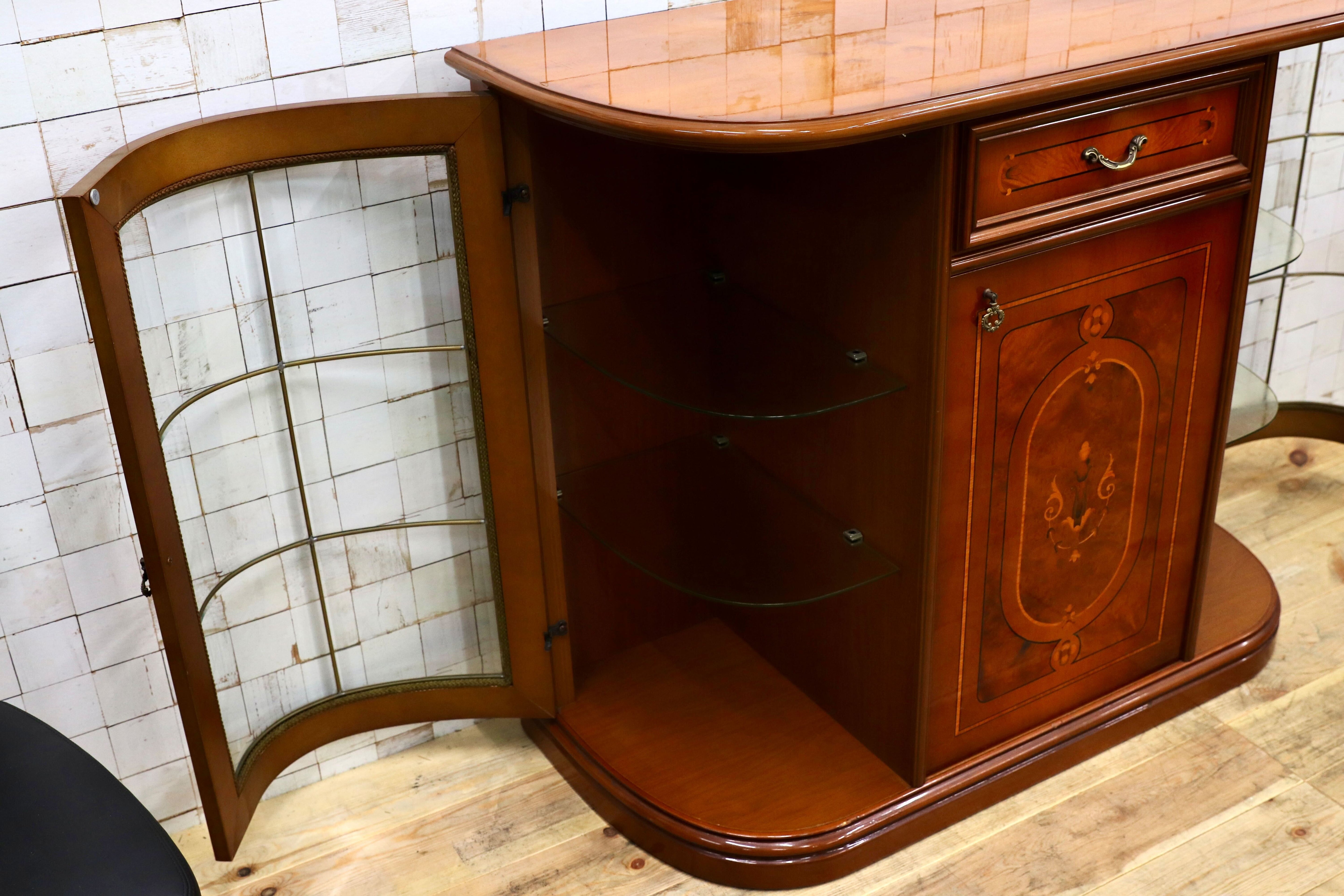 GMIS328○イタリア クラシック アンティーク サイドボード リビングボード 象嵌細工 キャビネット 店舗什器 キュリオケース